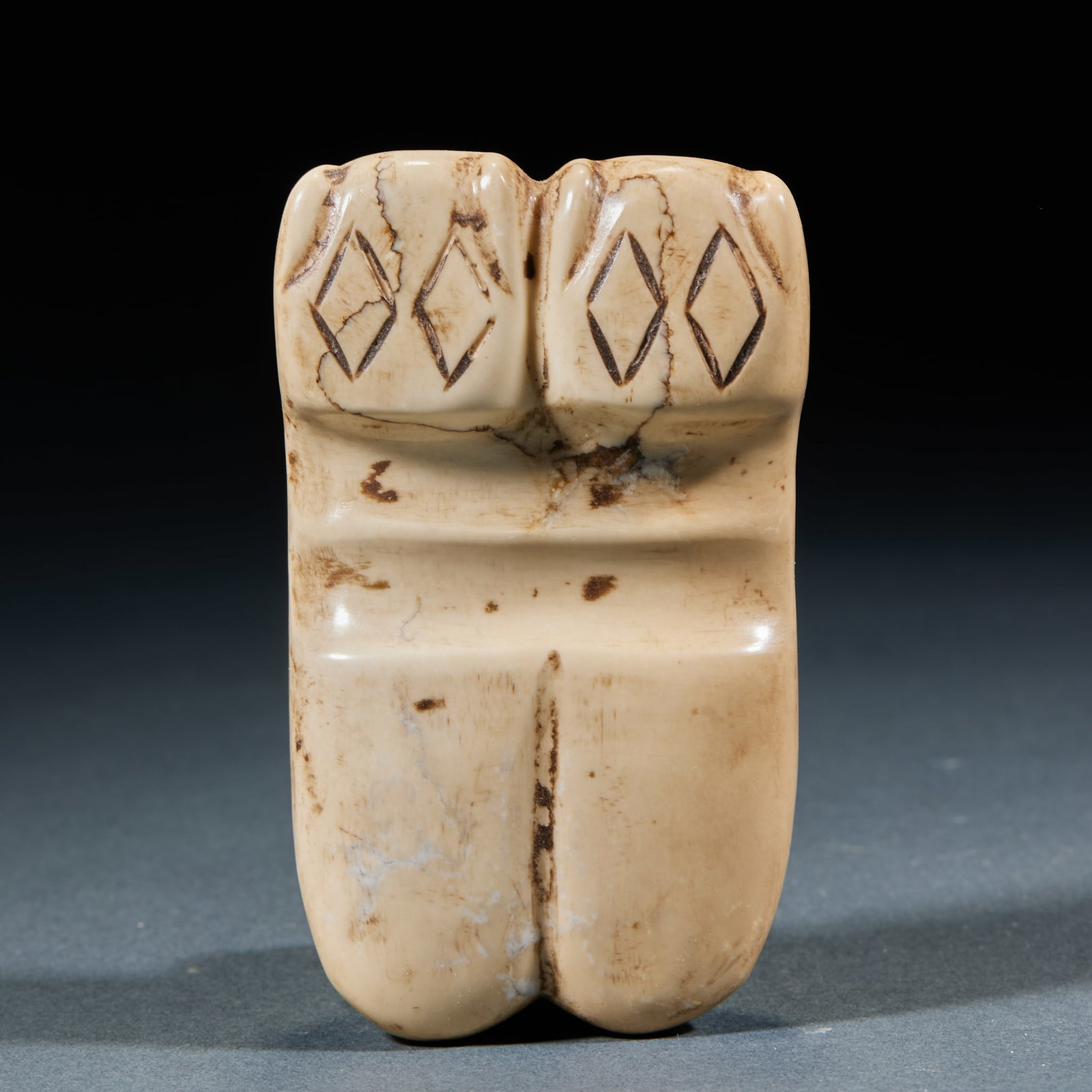 Chicken Bone White Double Cicada Jade Hand Grip: Chicken Bone White Double Cicada Jade Hand Grip: Jade fully calcified into chicken bone white tone carved with double cicada patterns, being a typical Han Dynasty burial jade ware; Length 8.5cm,