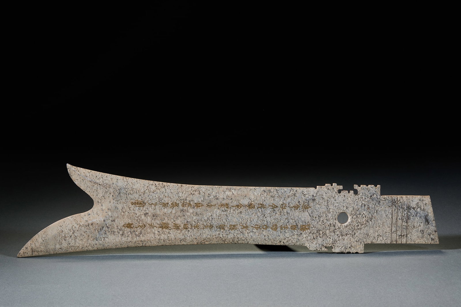 Erlitou Culture Jade Zhang: Erlitou Culture Jade Zhang: Made of jade designed in long shovel shape with neat blade and solemn posture; Length 42cm, width 8cm; An important ritual vessel of the Xia Dynasty with standard formal
