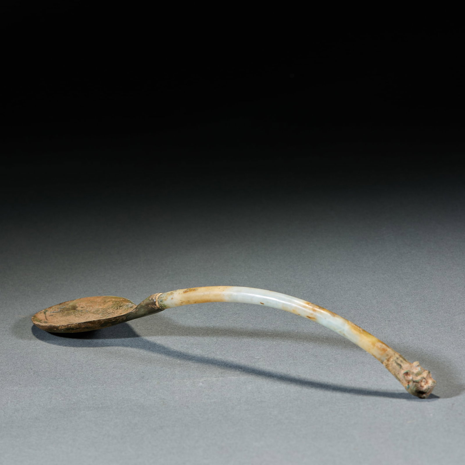 Jade Handled Gilt Incense Spoon: Jade-Handled Gilt Incense Spoon: Jade handle matched with simple gilt spoon head and concise shape; Length 22cm, width 4.5cm; A refined ancient incense utensil featuring mild jade texture and