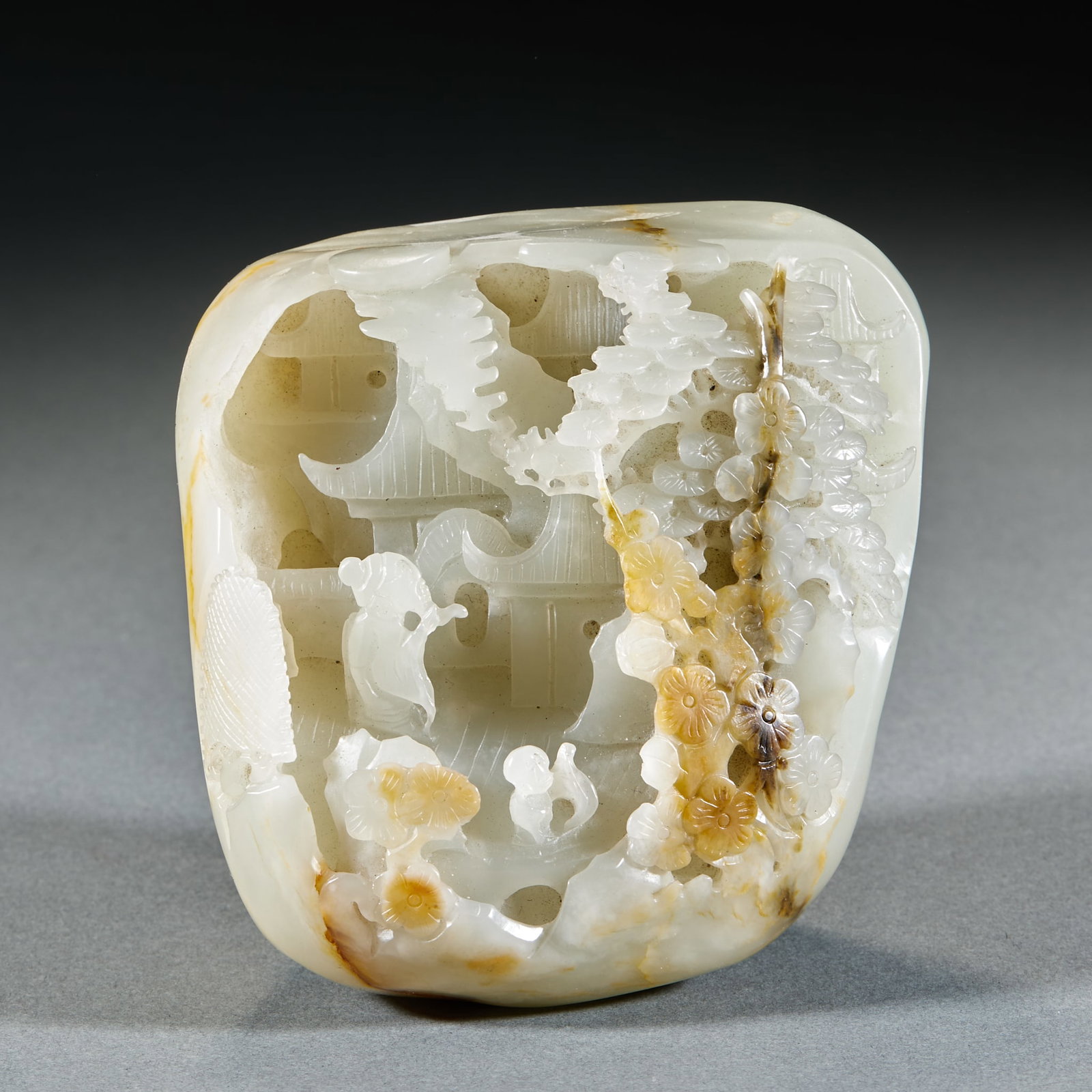 Qing Dynasty Hetian Jade Pebble Poetic Mountain Ornament: Qing Dynasty Hetian Jade Seed Material Poem Landscape Ornament: Made of Hetian jade seed material with natural skin tone, relief carved with landscape and poem patterns with distinct layers; Height