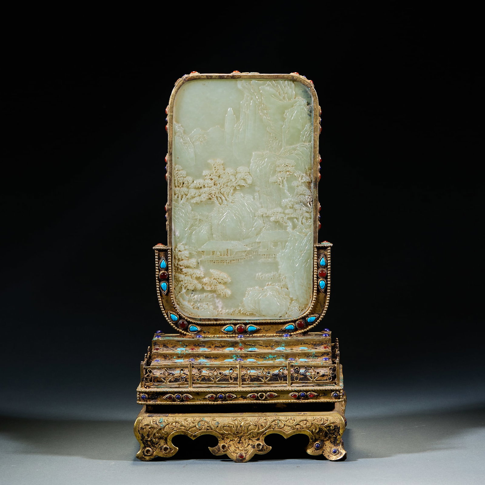 Gilt Bronze Jade Inlaid Figure Story Poem Screen: Gilt Copper Jade-Inlaid Landscape Figure Poem Screen: Gilt copper base inlaid with Hetian jade relief carved landscape and figures; Height 38cm, length 21cm, width 16cm; Premium materials and exquisit