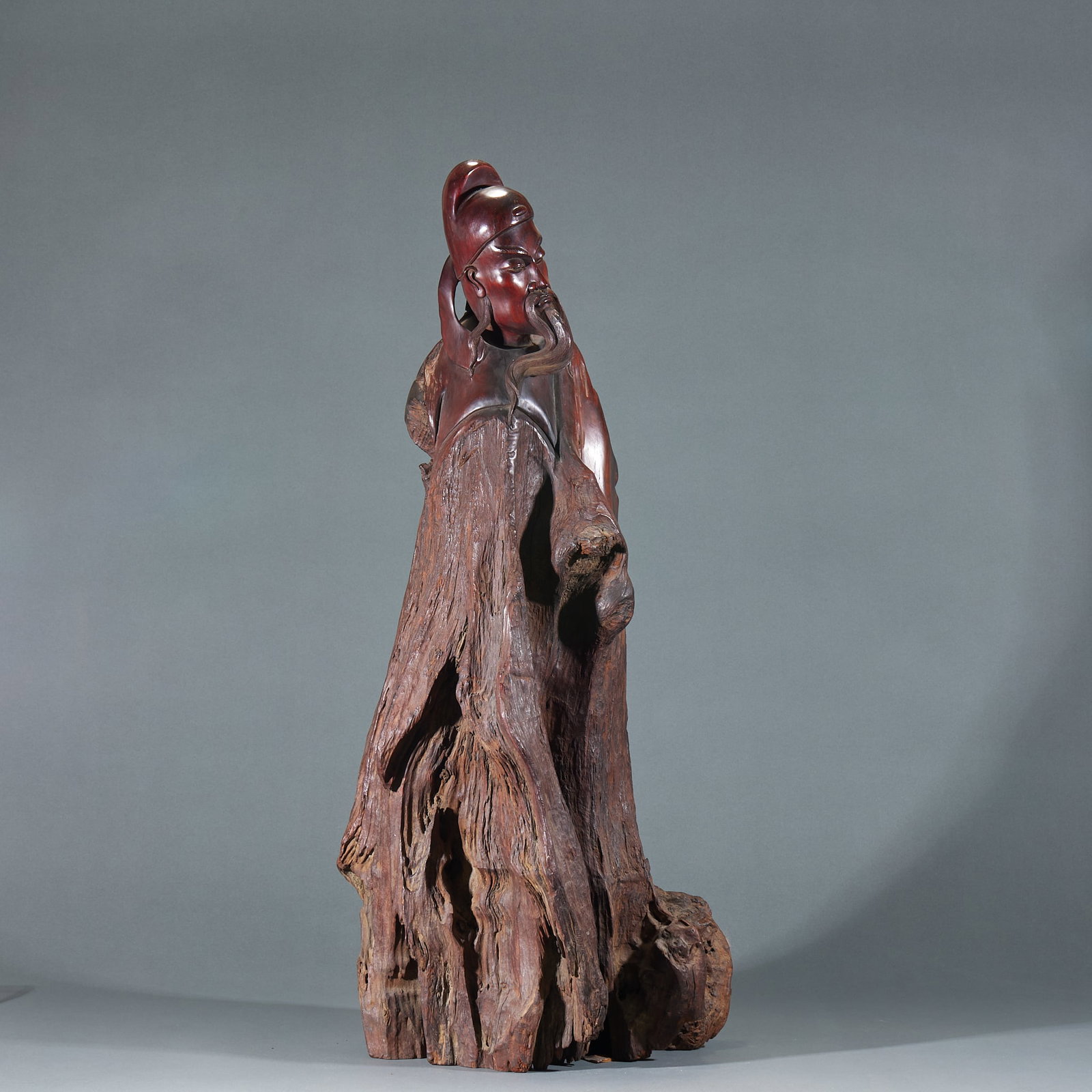 Redwood Figure Standing Statue: Redwood Ancient Figure Standing Statue: Carved from redwood into traditional ancient figure shape; Height 84cm, length 33cm, width 27cm; Thick wood texture, fine carving and well-preserved condition.