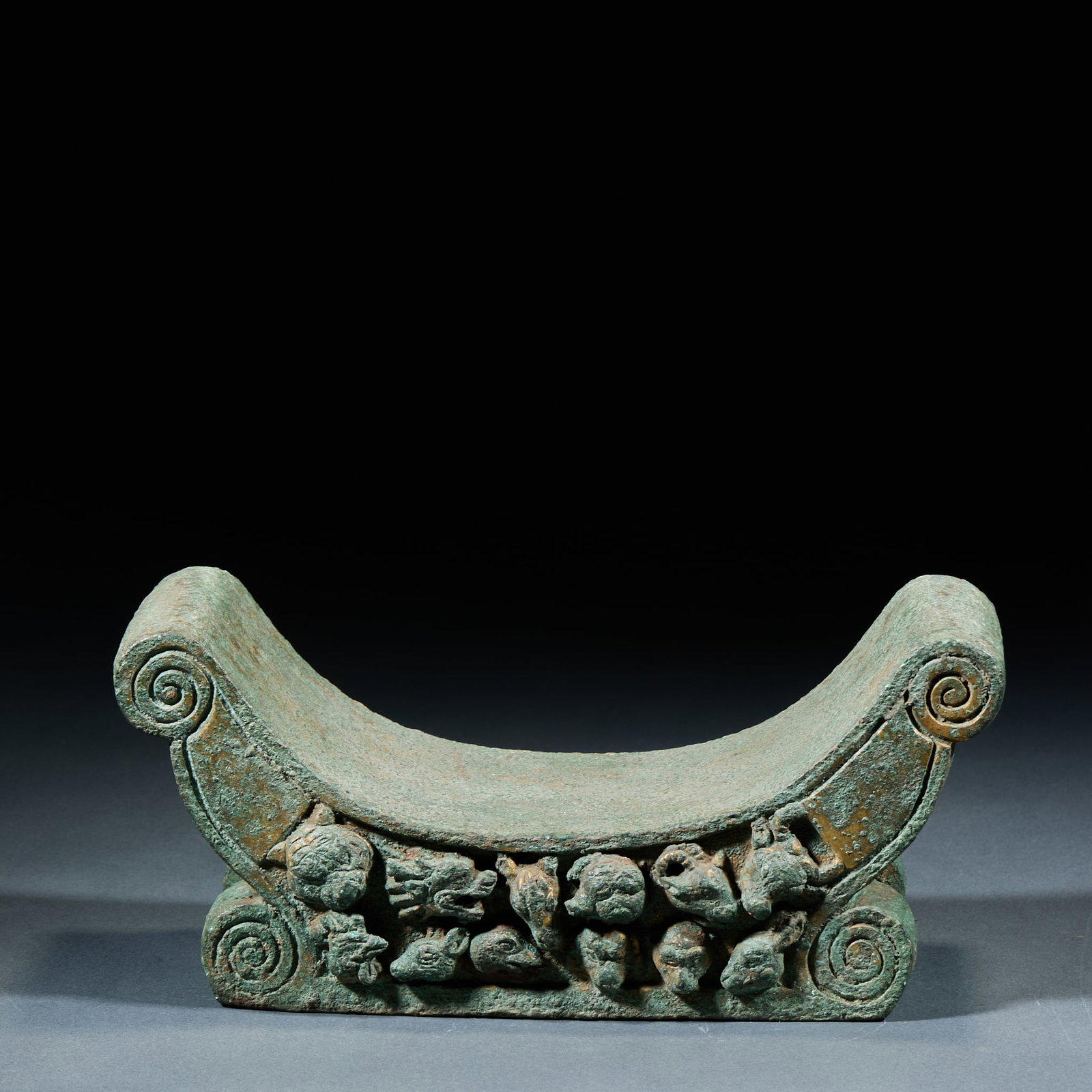 Chinese Zodiac Bronze Pillow: Twelve Zodiac Bronze Pillow: Bronze vessel relief carved with twelve zodiac patterns implying auspiciousness and regular shape; Height 10cm, length 24cm, width 10cm; An ancient bedding display ornamen