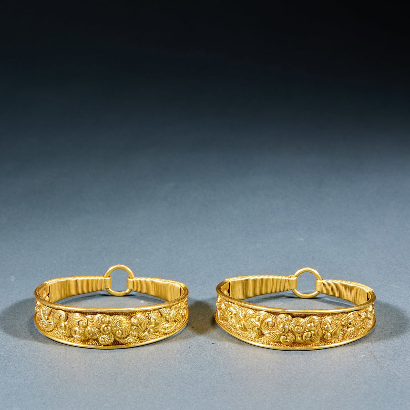 Gilt Bronze Flower and Bird Pattern Bangle, A Pair (1 of 6)