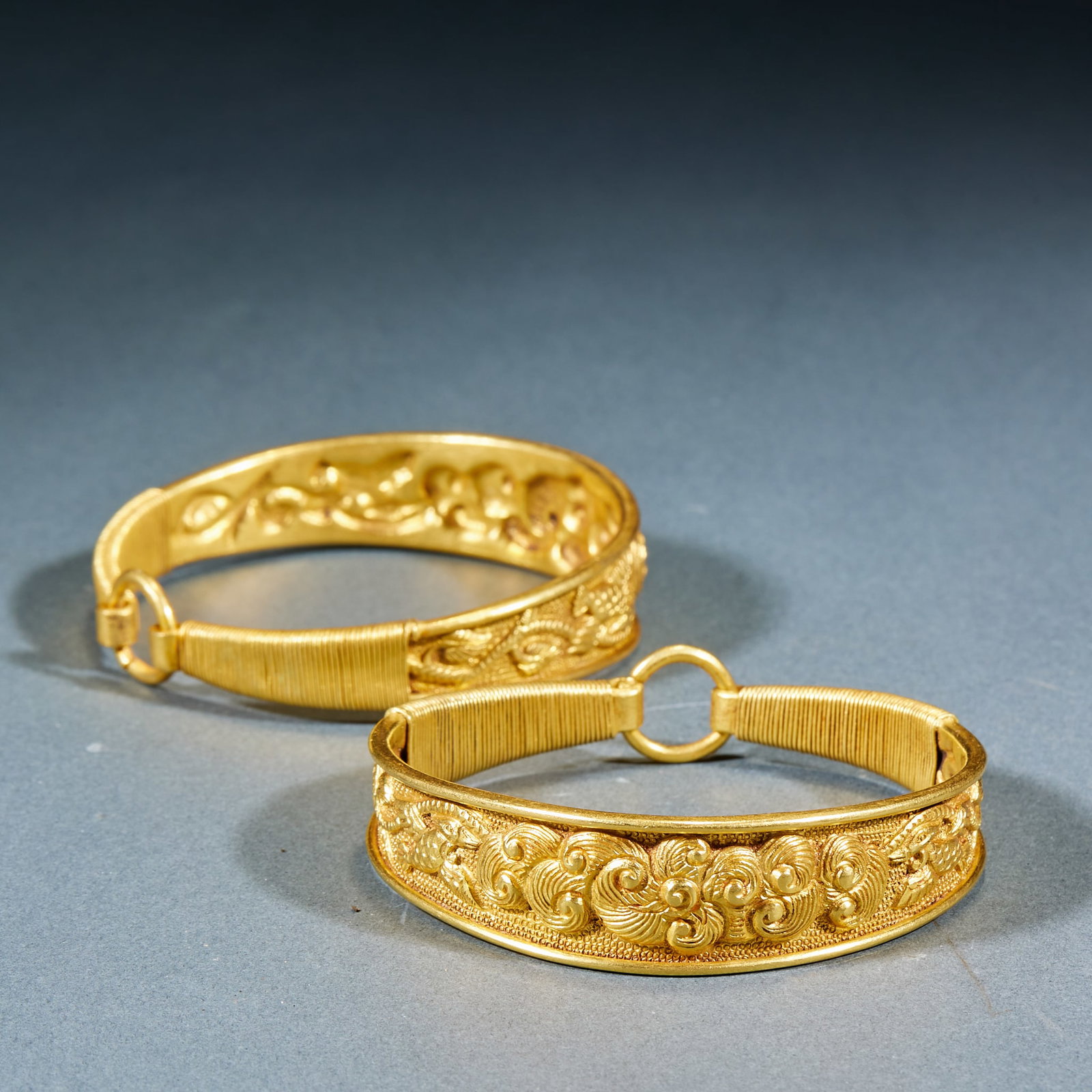 Gilt Bronze Flower and Bird Pattern Bangle, A Pair - 6