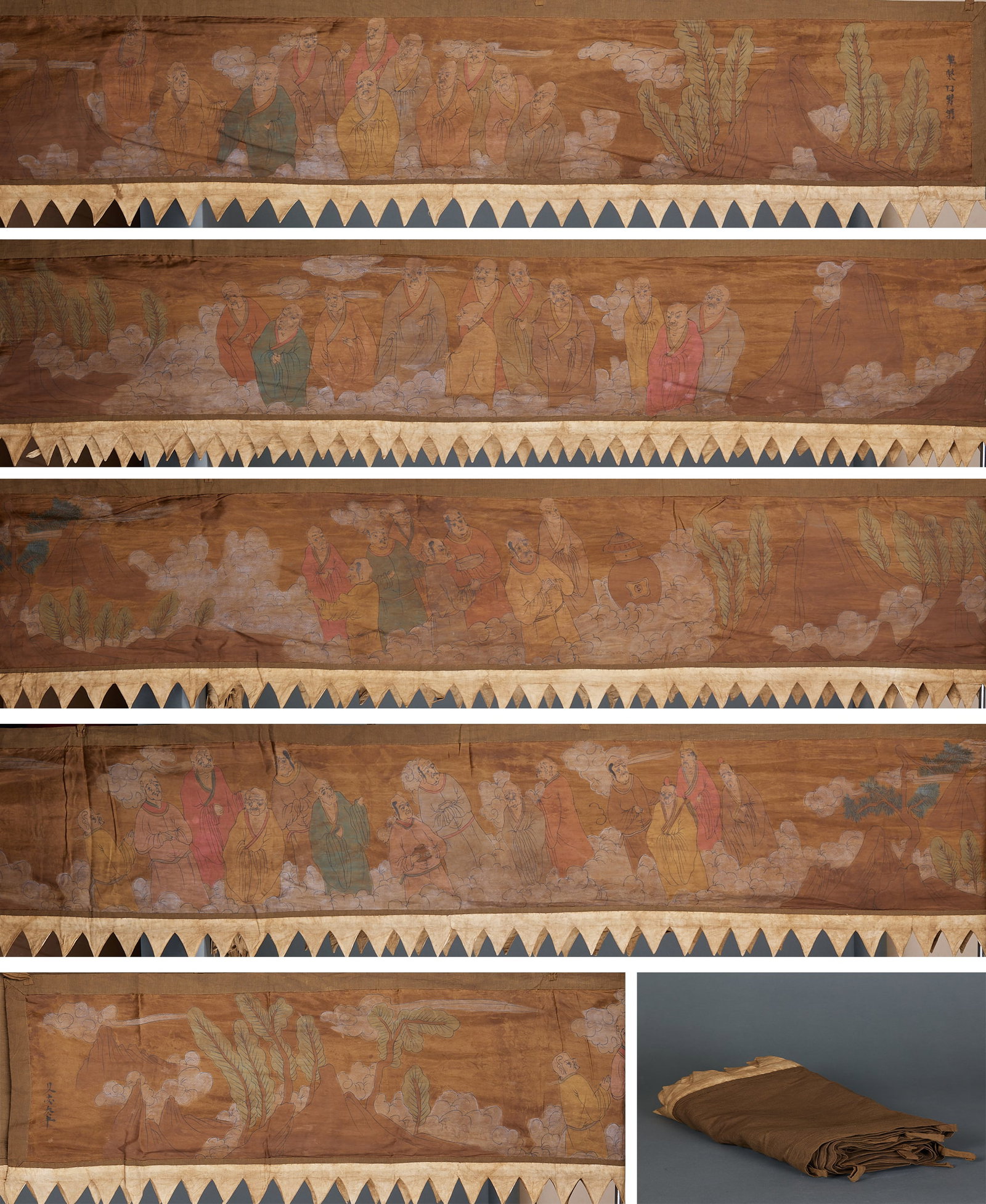 Liao Dynasty Khitan Silk Five Hundred Arhats Hanging Banner: Liao Dynasty Silk Five Hundred Arhats Pendant Banner: Long painted silk scroll depicting group portraits of five hundred arhats with numerous figures and distinct layers, featuring typical Liao