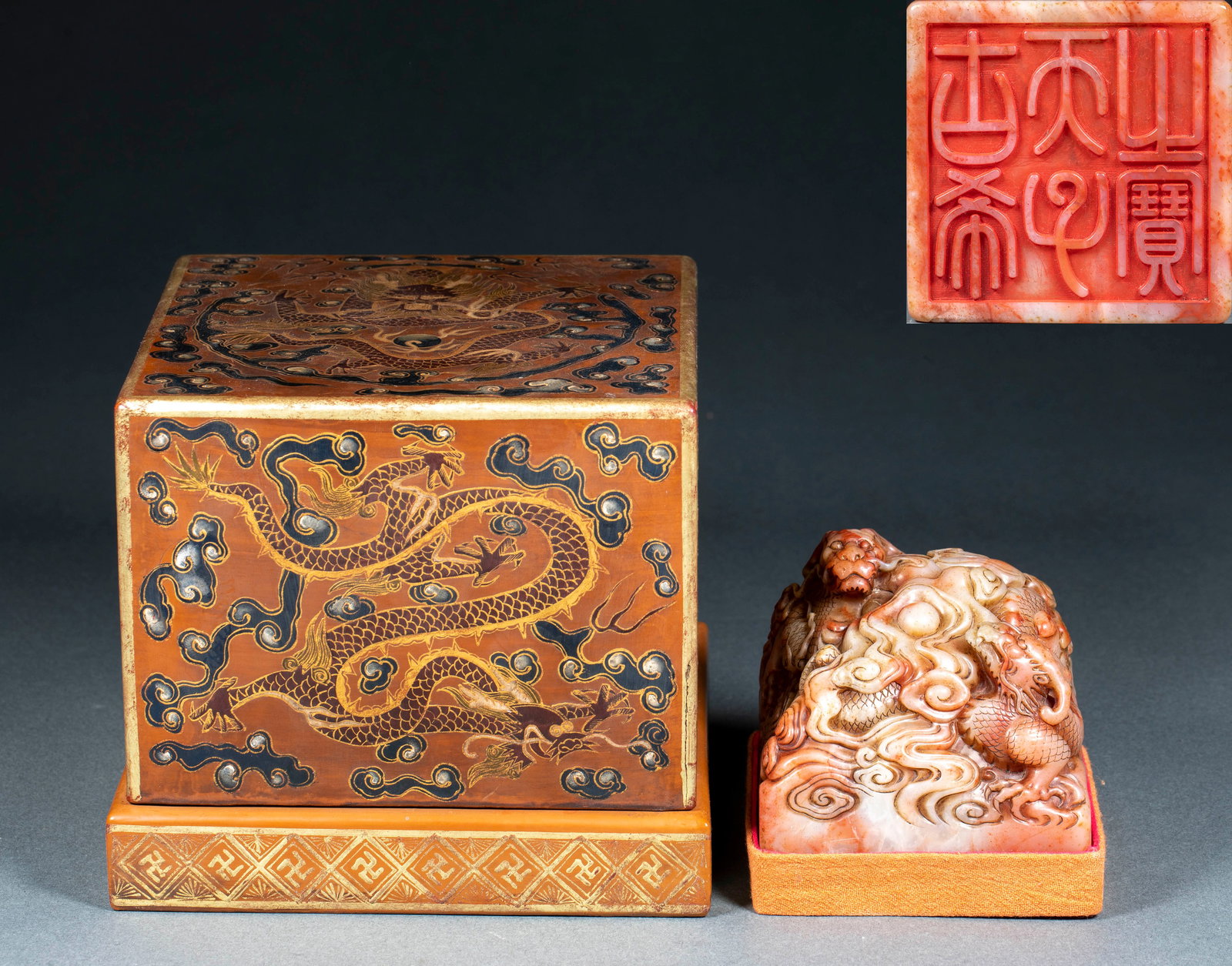 Qing Exquisitely Carved Double Dragons Playing with Pearl Shoushan Stone Seal: Qing Dynasty Exquisitely Carved Shoushan Stone Double Dragon Playing with Pearl Seal: Made of solid Shoushan stone with finely carved double dragon playing with pearl knob, vivid shape and regular sea