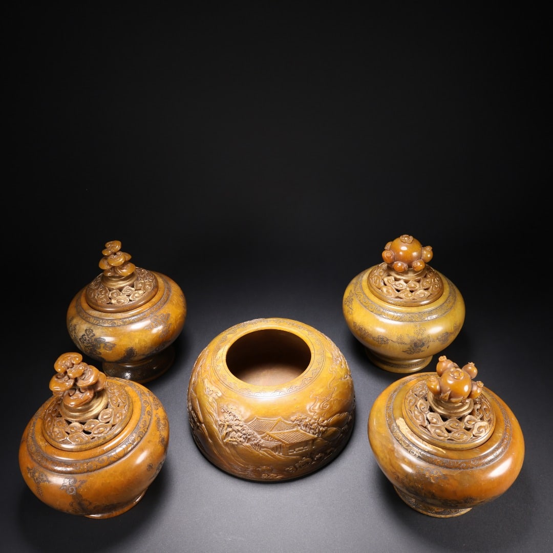 Tianhuang Stone Landscape Poem Carved Five-Piece Incense Set: Five-Piece Tianhuang Stone Landscape Poem Incense Set: Fully carved from natural integrated Tianhuang stone, incense burner and accessories shallow carved with landscape scenery and intaglio poetic in