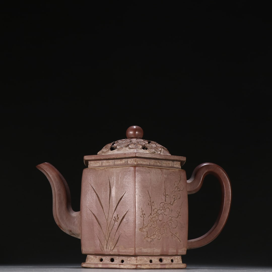 Shao Hengyu Style Zisha Hexagonal Pot Carved Plum Orchid Bamboo Chrysanthemum: Shao Hengyu Mark Zisha Plum Orchid Bamboo Chrysanthemum Hexagonal Pot: Zisha clay in hexagonal shape carved with plum, orchid, bamboo and chrysanthemum patterns; Height 14cm, width 19cm; A famous Ming