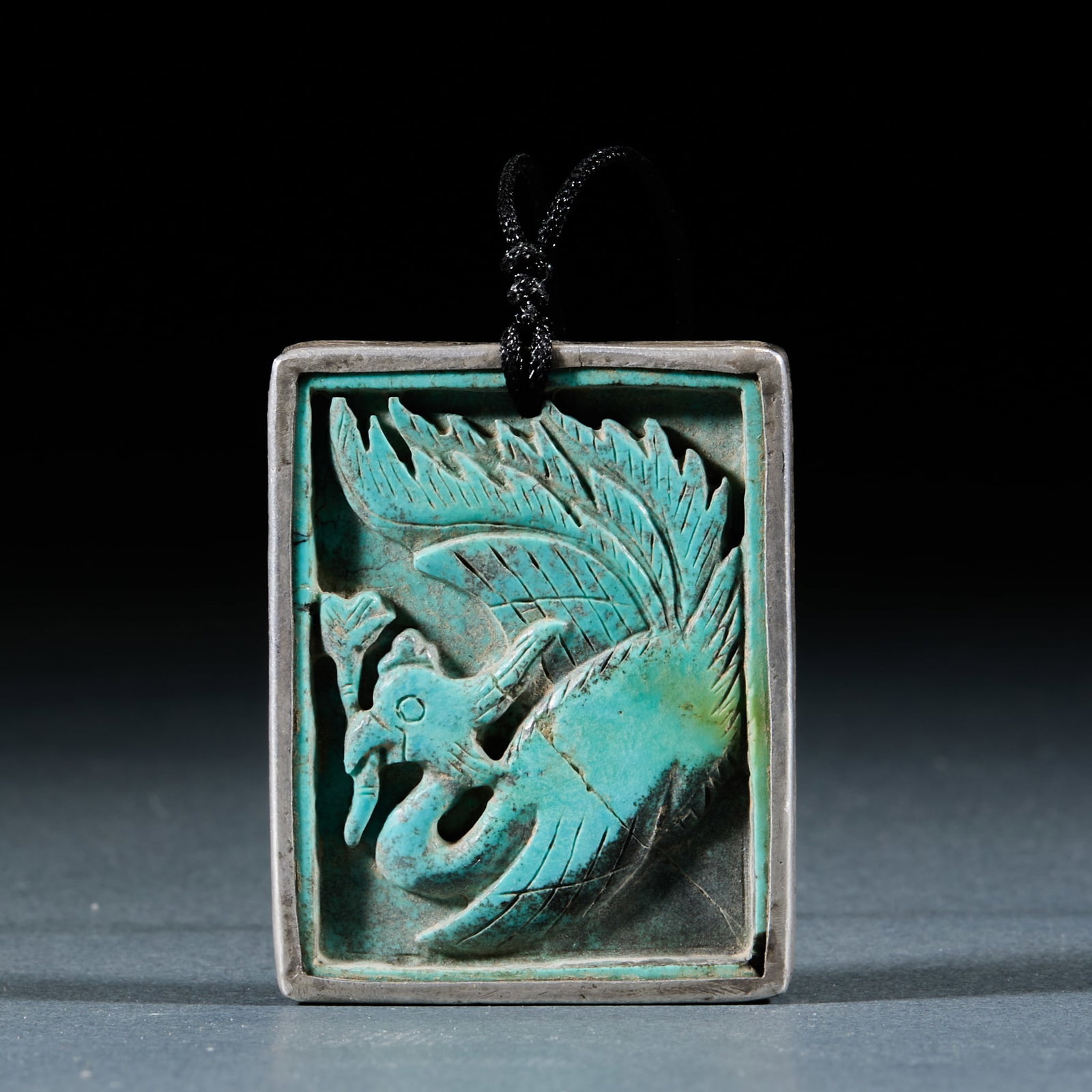 Pure Silver Turquoise Inlaid Phoenix Plaque (1 of 5)