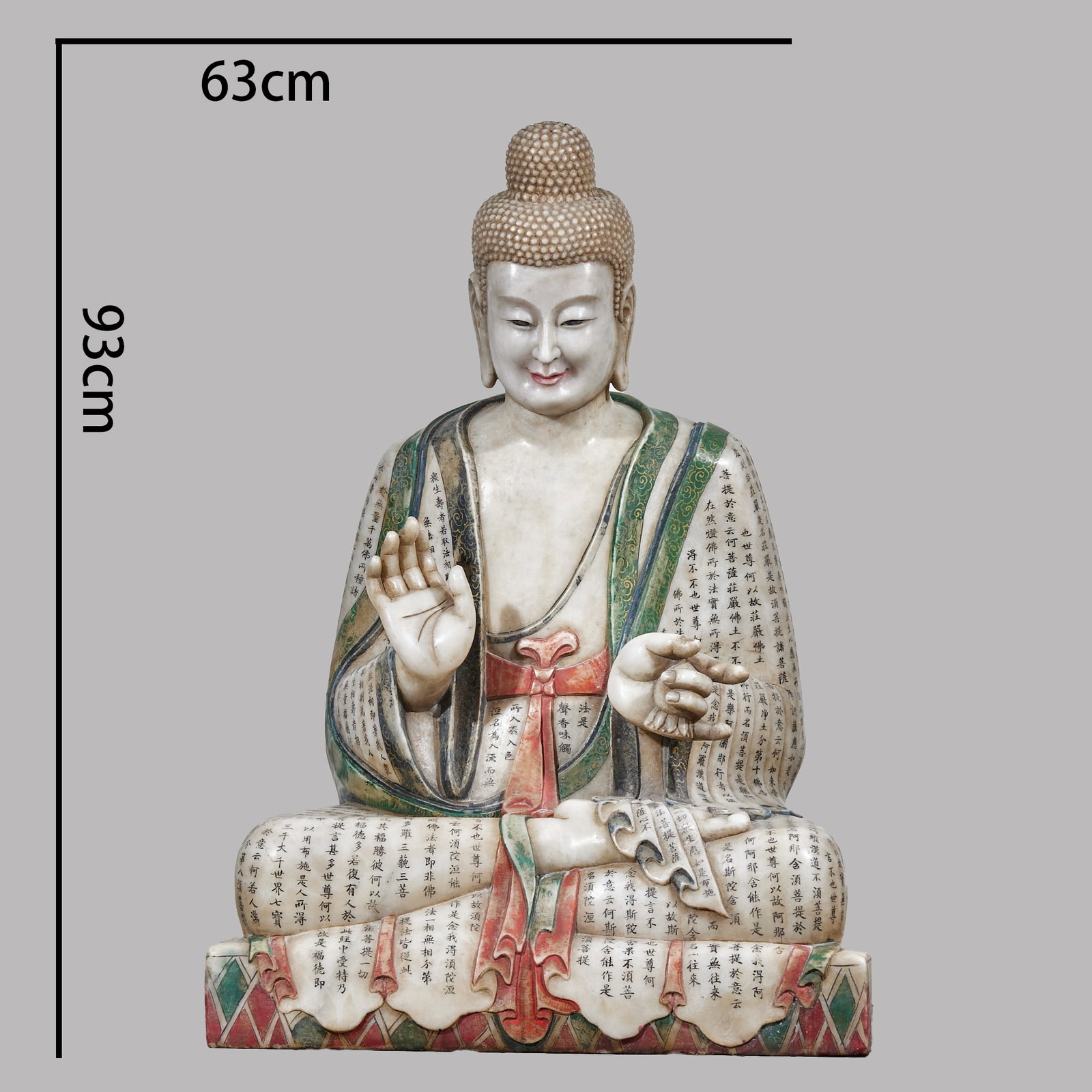 Pre-Ming Painted White Marble Diamond Sutra Buddha Statue: White Marble Colored Painted Sakyamuni Sitting Statue with Sutra Carving: Fully carved from premium white marble with round solemn facial features, regular spiral hair, cross-legged sitting posture an