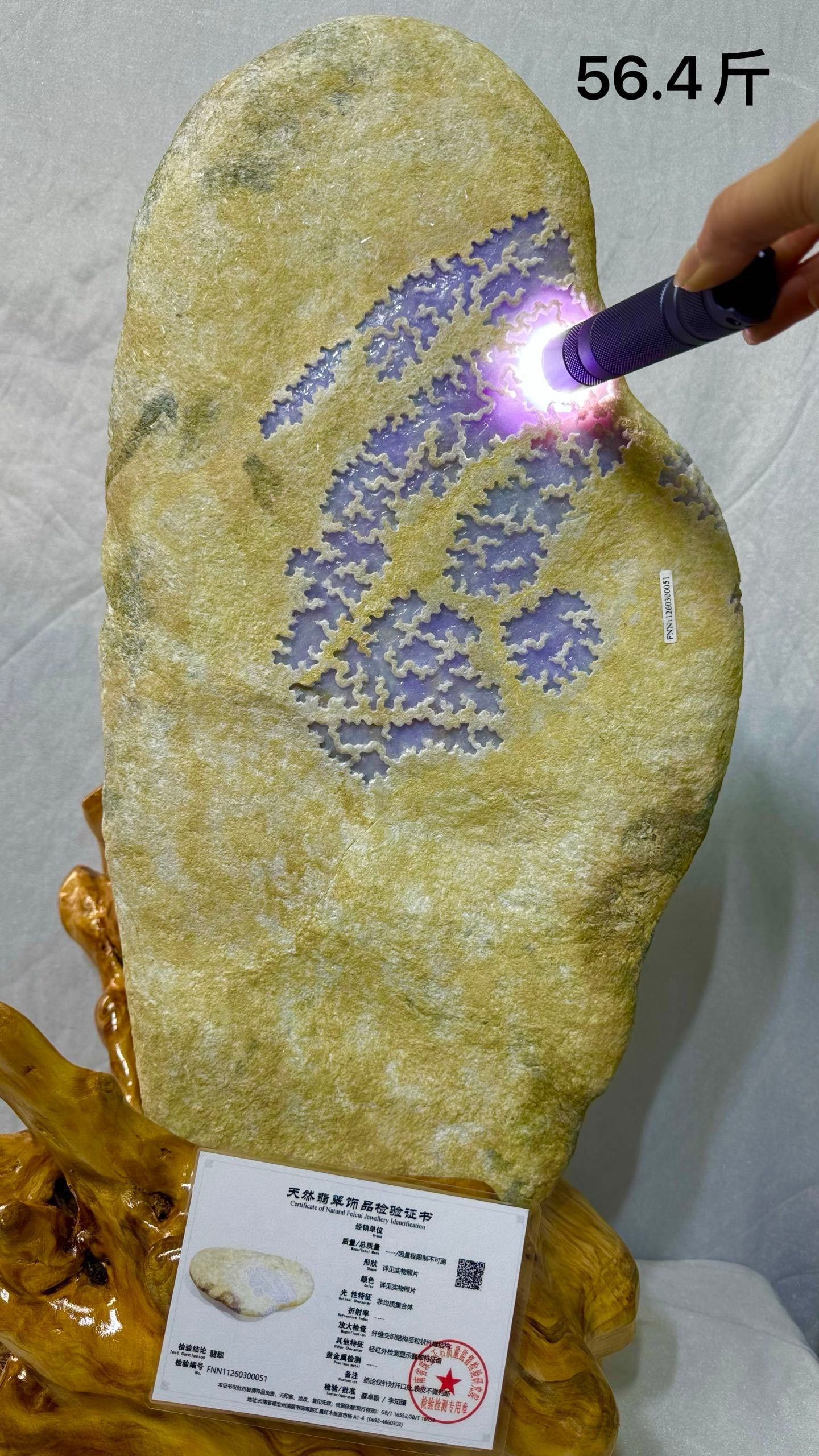 High-Ice Jadeite Rough Stone: High-Ice Jadeite Rough Stone: Natural jadeite rough stone presenting high-ice texture at the window, transparent water head, fine delicate quality and exquisite window craft; Height approx 50cm, width