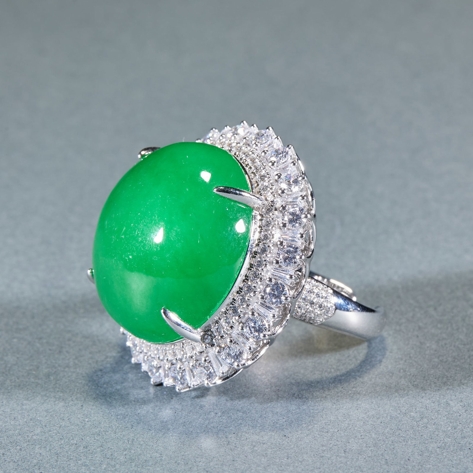 Jadeite Cabochon Ring, Sterling Silver Mount - 2