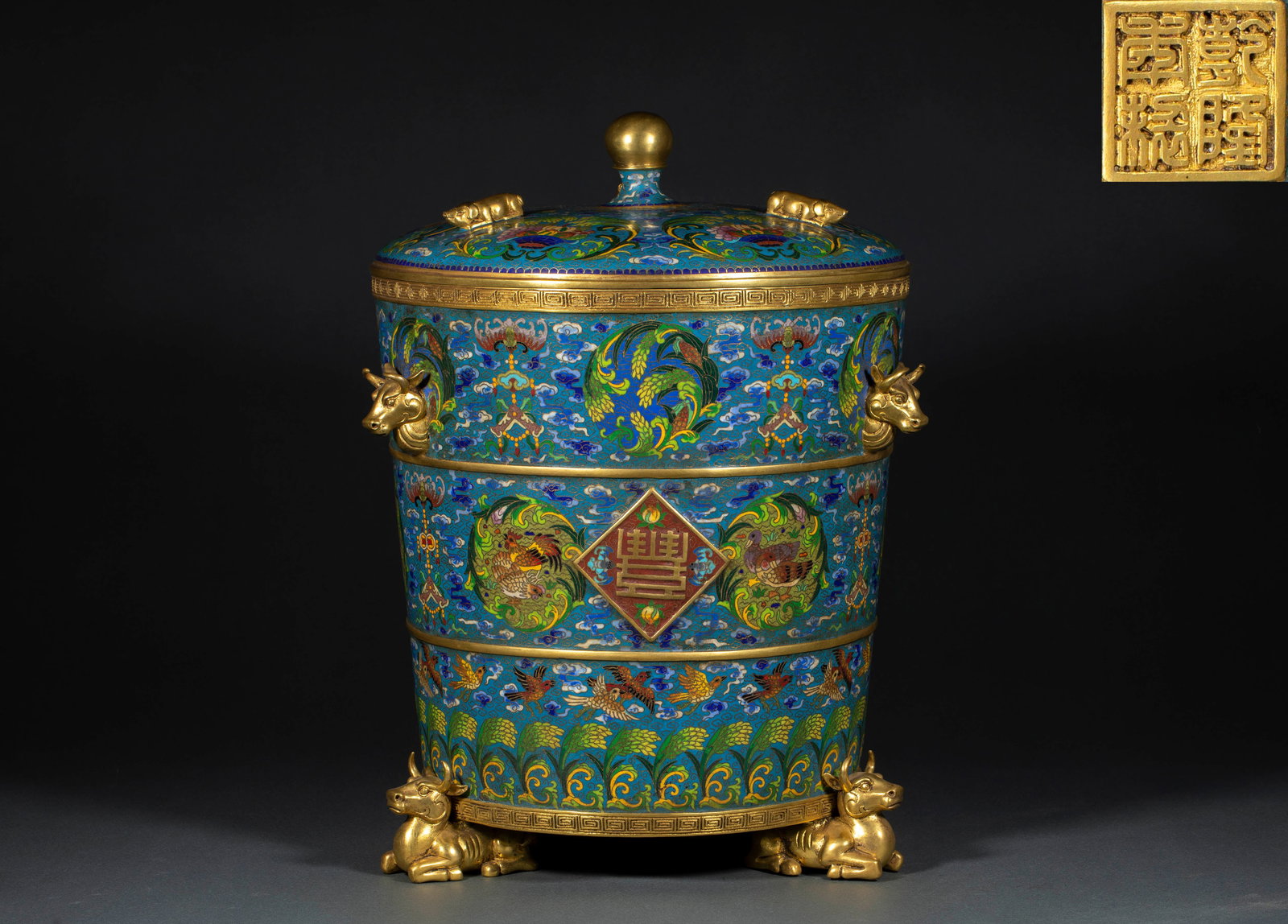 Qianlong Mark Cloisonné Abundant Harvest Treasure Gathering Zun Vase: Qianlong Mark Cloisonné Abundant Harvest Treasure Zun: Copper-bodied gilt cloisonné with blue glaze background, wire inlaid and color filled with grains, auspicious birds and cloud patterns, fitted 