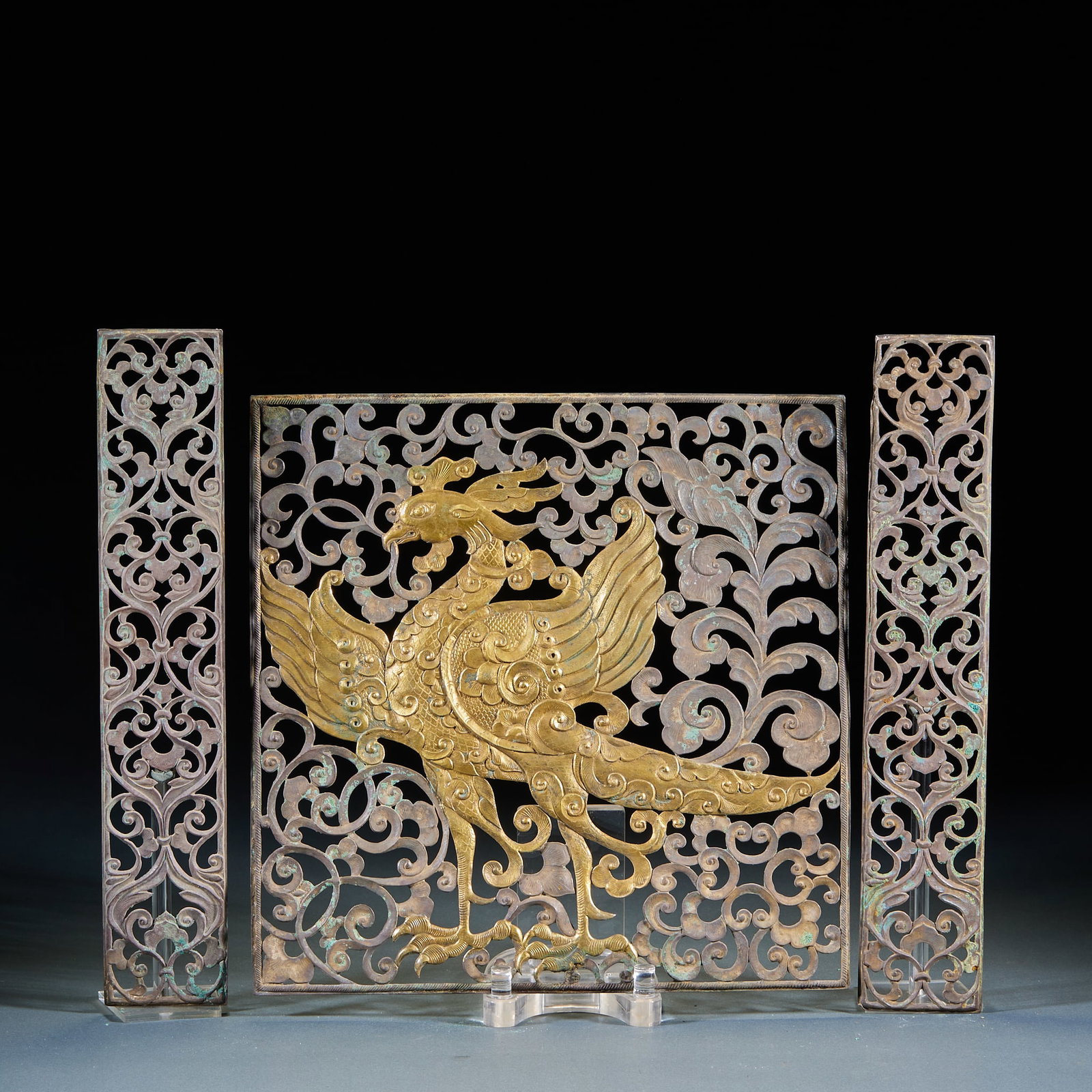 Set of Tang Dynasty Gilt-silver Ornaments with Phoenix Motifs: Set of Tang Dynasty Gilt-silver Ornaments with Phoenix Patterns is made of silver and fully gilded, phoenix patterns are carved by hammering, chasing and openwork techniques, the phoenixes are vigorou