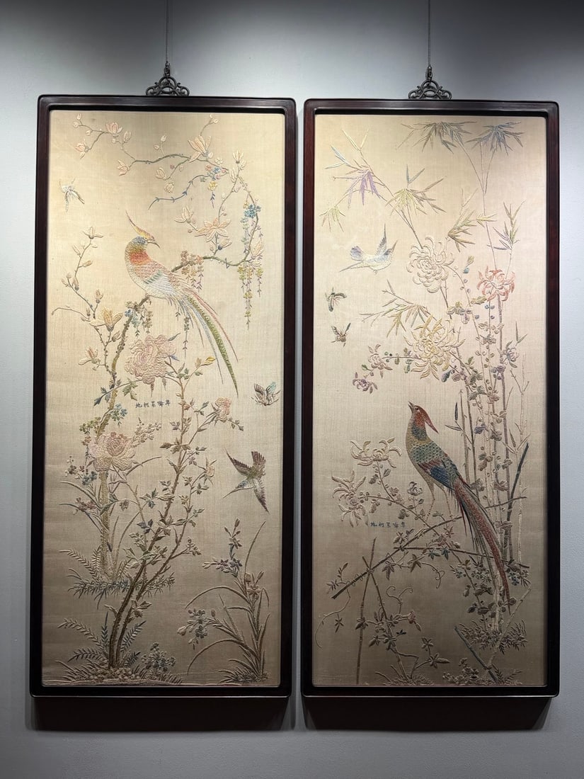 Pair of Elegant Cantonese Embroidery Works with Flower and Bird Motifs (1 of 7)