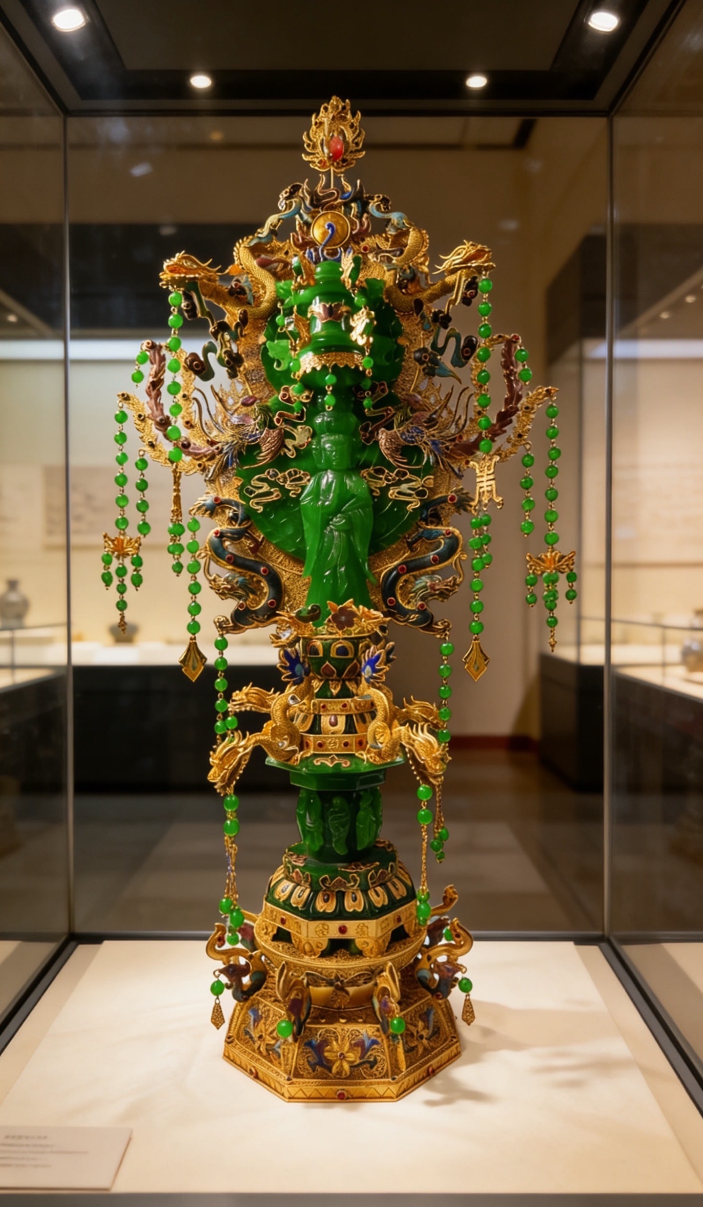 Gilt-bronze Filigree Statue of Ruyi Avalokiteshvara Inlaid with Jadeite: Gilt Bronze Filigree and Ice-type Jadeite Ruyi Guanyin Statue. The main body is crafted with elaborate gilt bronze filigree technique, inlaid with a Guanyin statue carved from translucent ice-type jad