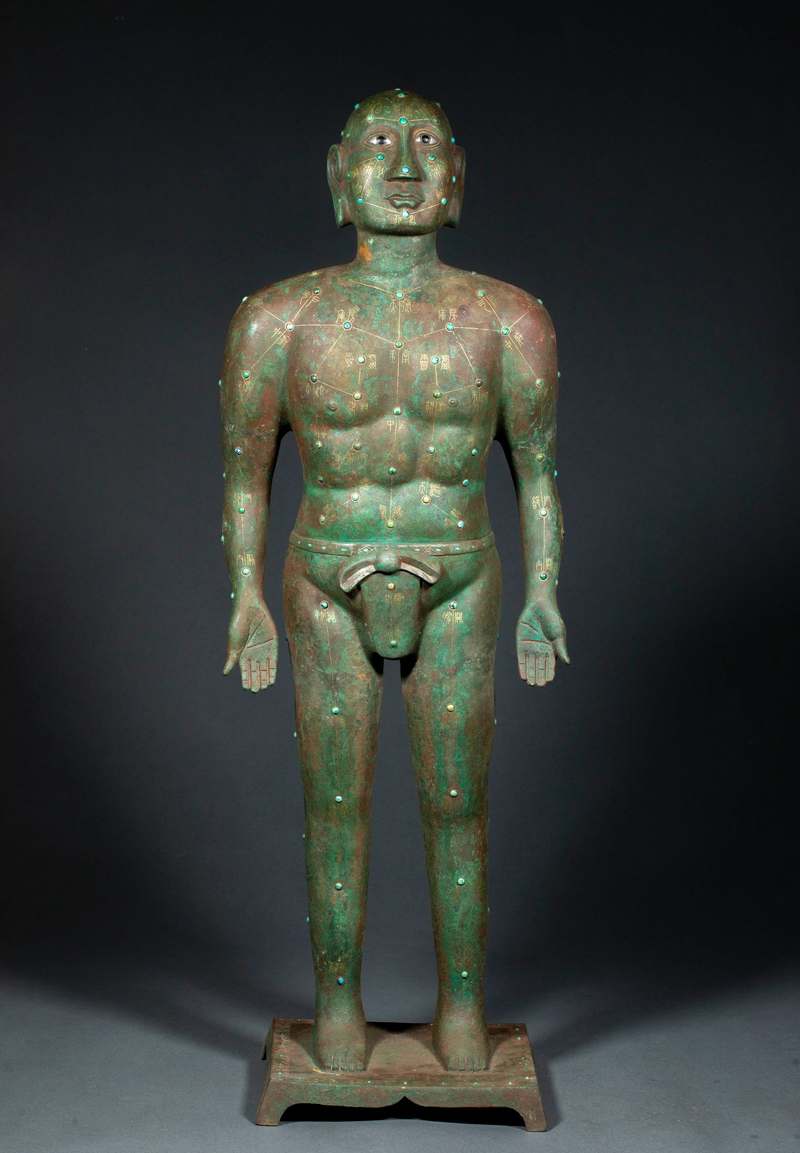 Gold and Silver Inlaid Bronze Acupuncture Figure, Pre-Ming Period: Gold and Silver Inlaid Bronze Acupuncture Man, Pre-Ming Period. Dimensions: Height 77cm, Length 26cm, Width 19cm, Weight 10850g.