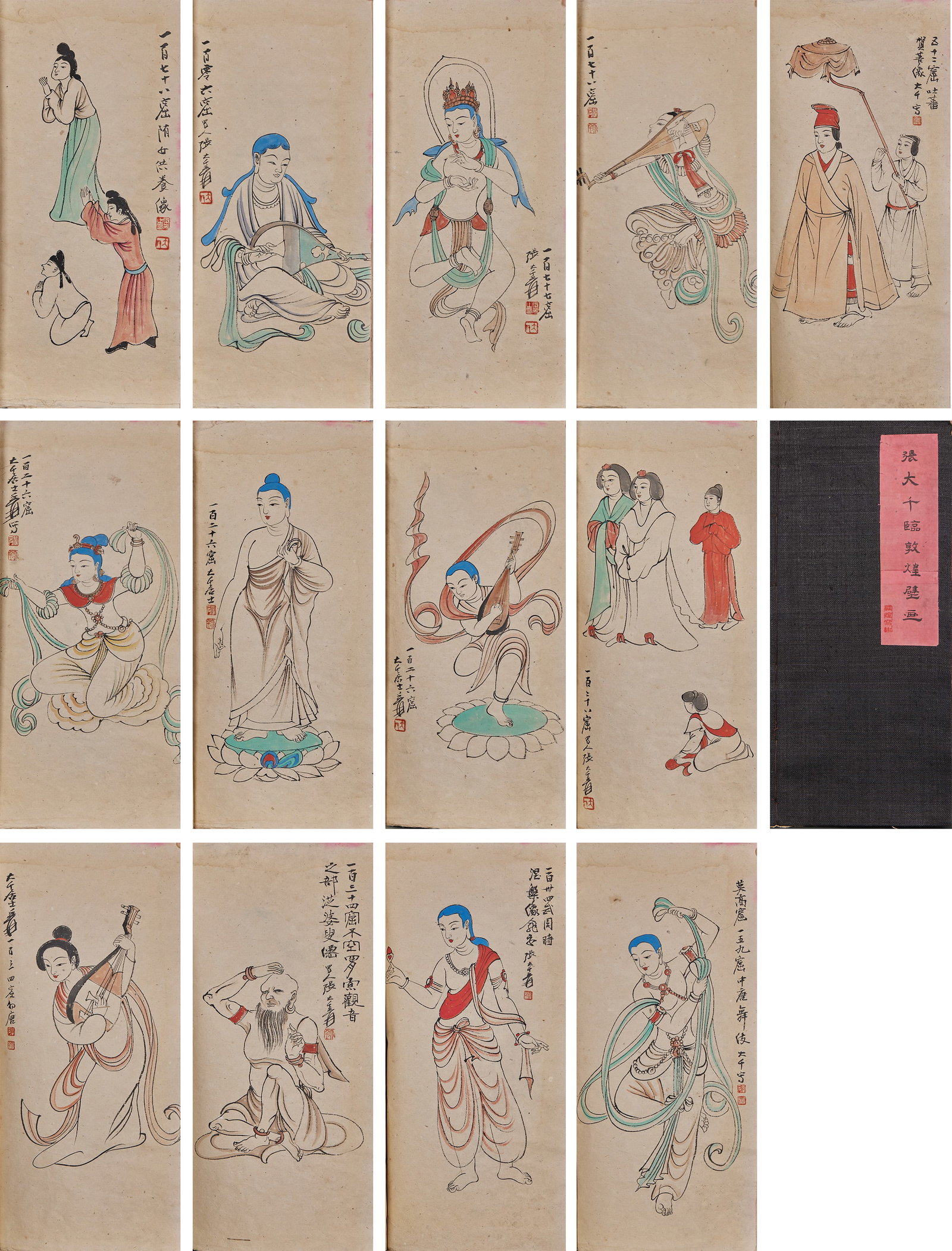 Dunhuang Mural Painting, by Zhang Daqian: Album of Dunhuang Mural Copies by Zhang Daqian. Hand-painted with colors on aged rice paper, outlined with fine line drawing to depict flying apsaras, Bodhisattvas, donors and musicians, with soft col