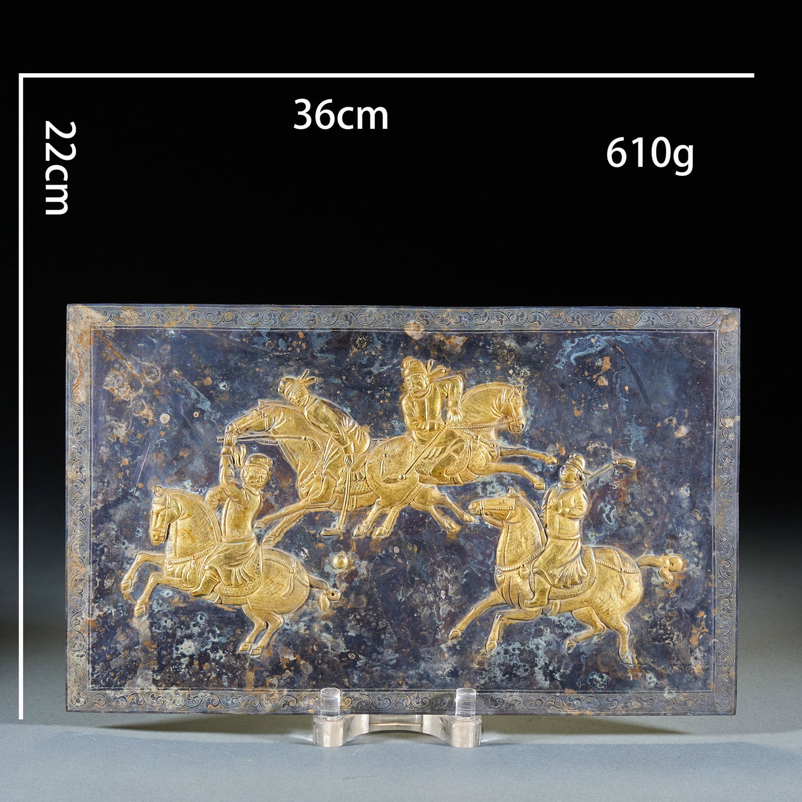 Gilt Silver Plaque with Polo Playing Scene: Gilt Silver Large Relief Plaque of Polo Playing Scene. Thick silver plate fully gilded, high-relief carved with four Hu horsemen hitting polo balls, surrounded by chiseled interlocking grass and squar