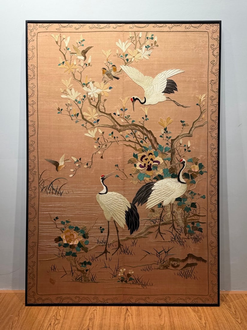 Embroidery of He He You Ming (Illustrious Fame): Suzhou Embroidery Hanging Scroll of Pine, Crane and Illustrious Fame Motif. Set on apricot satin ground, crafted with long-short stitch and gold coiled embroidery to form a scene of magnolia, pine and