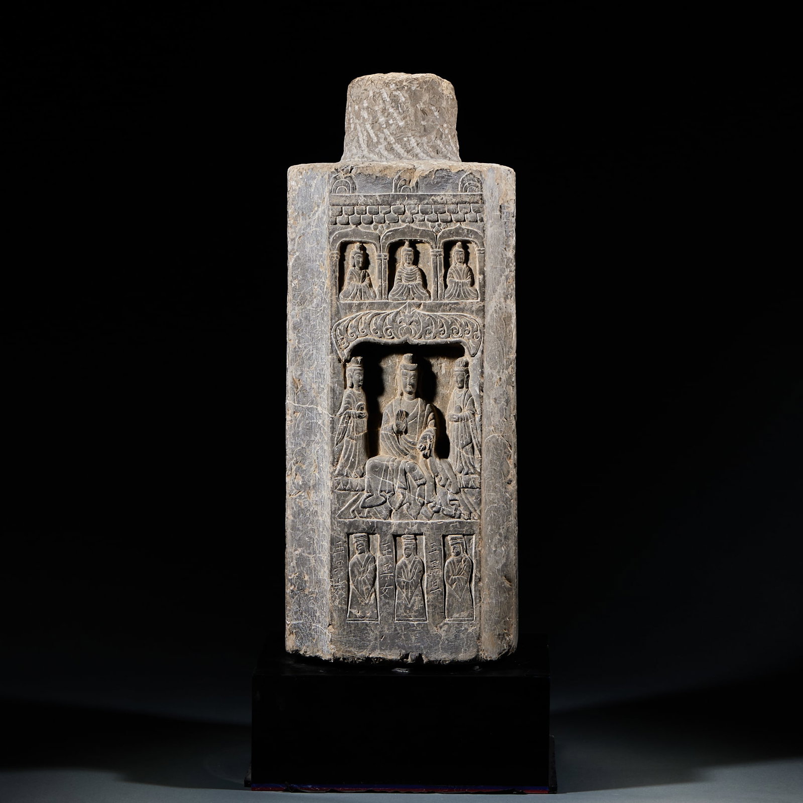 Bluestone Buddhist Pillar, Northern Wei Dynasty: Northern Wei Bluestone Stele with Relief One Buddha and Two Attendants. Integral bluestone slab layered relief carved with pavilion Buddhas, main Sakyamuni and attendant Bodhisattvas, donor