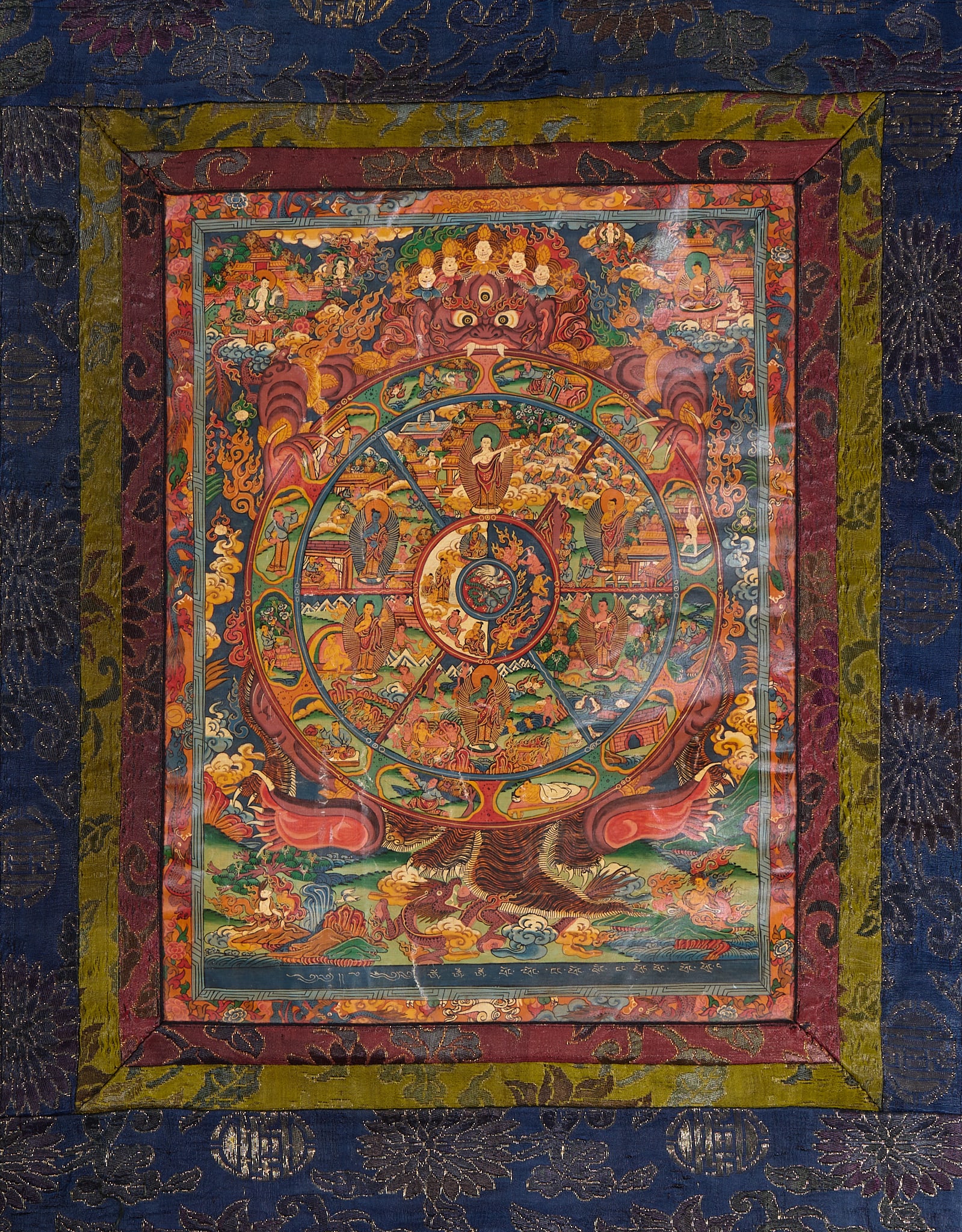Mineral Pigment Thangka of Six Realms of Reincarnation: Mineral Pigment Thangka of Six Realms of Reincarnation. Hand-painted full scene of samsara with natural mineral pigments, centered on Citipati surrounded by all beings of three realms and six paths, e