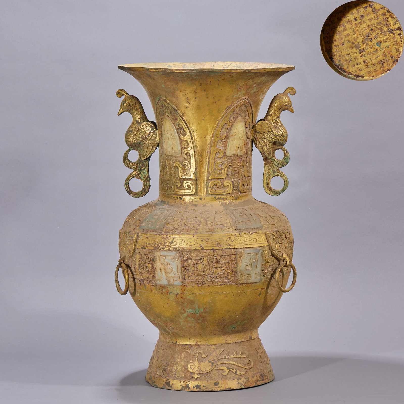 Han Dynasty Gilt Bronze Zun Vase with Jade Inlaid Double Phoenix Holding Rings and Beast-Mask: Han Dynasty Gilt Bronze Zun Vessel with Twin Phoenix Ring Handles Inlaid with Hetian Jade Beast Mask Patterns, Overall height 60cm, Caliber 34cm, bronze body fully gilded, three-dimensional phoenixes 