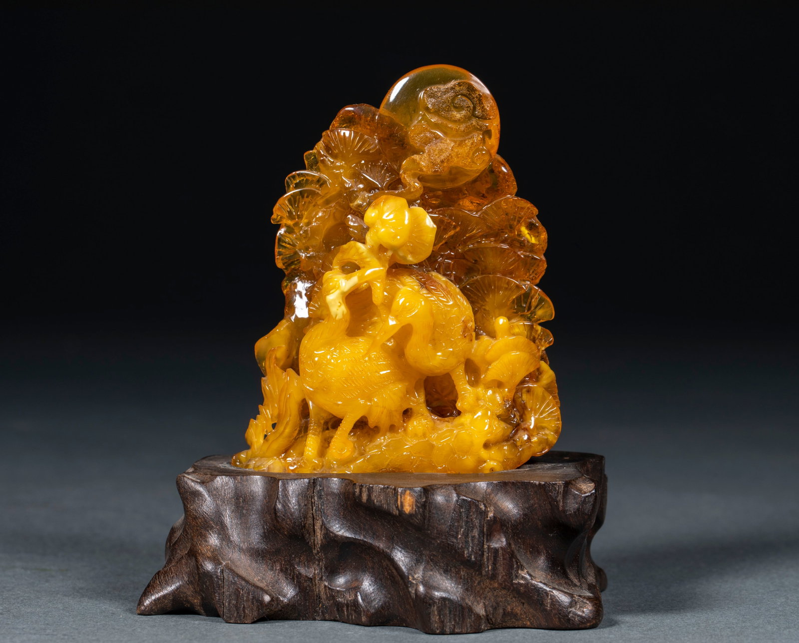 Amber Ornament of Pine and Crane Symbolizing Longevity: Natural Amber Mountain Ornament of Pine and Crane Symbolizing Longevity Overall height 8cm, length 6.5cm, width 2cm, net weight 52.5g. Carved in deep relief from a single piece of full honey chicken-f