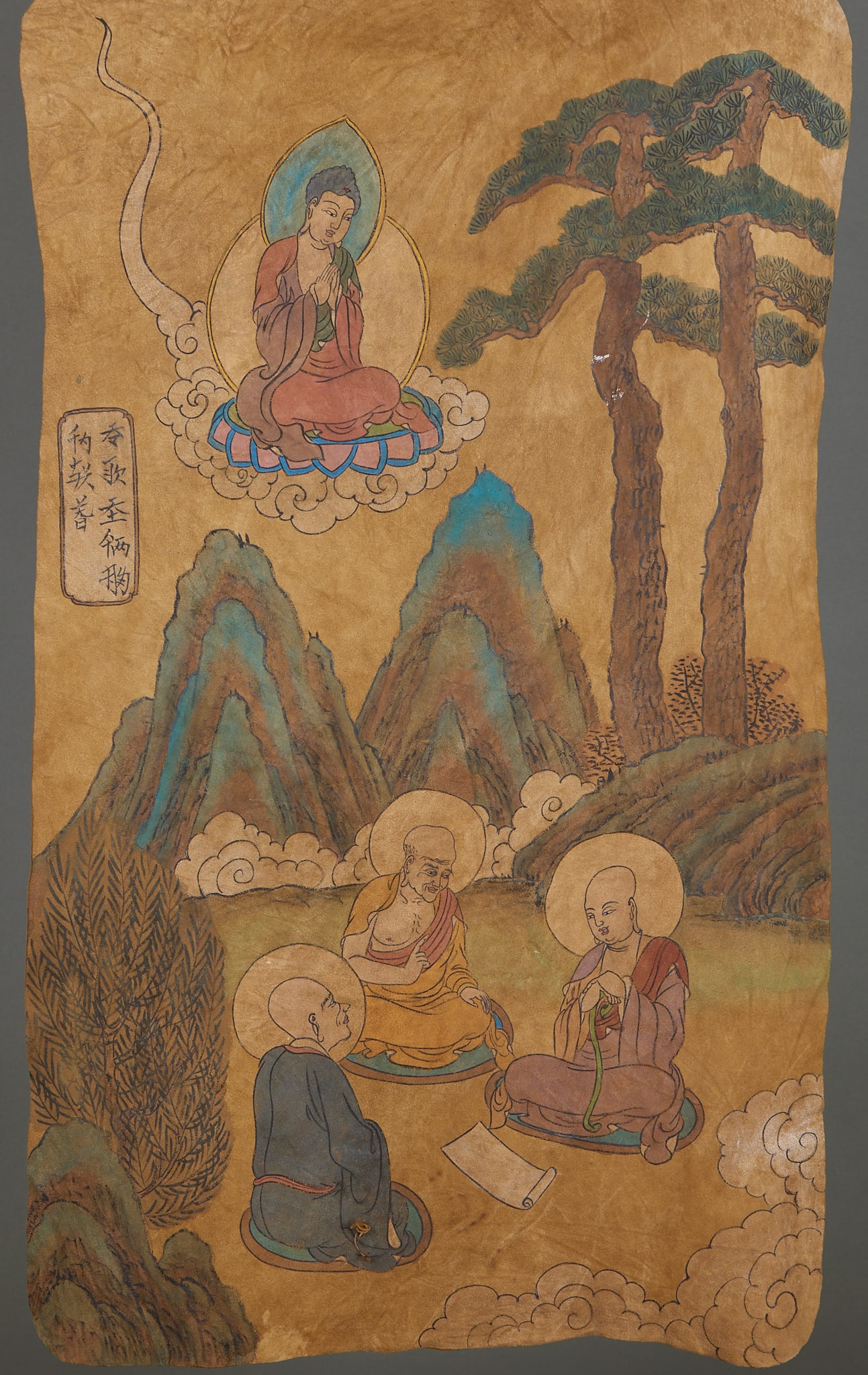 Liao Dynasty Sheepskin Buddha Painting Panel: Liao Dynasty Sheepskin Painted Panel of Buddha Preaching the Dharma Painted with natural mineral pigments on thick sheepskin base, depicting Buddha in the clouds and arhats listening to scriptures in 