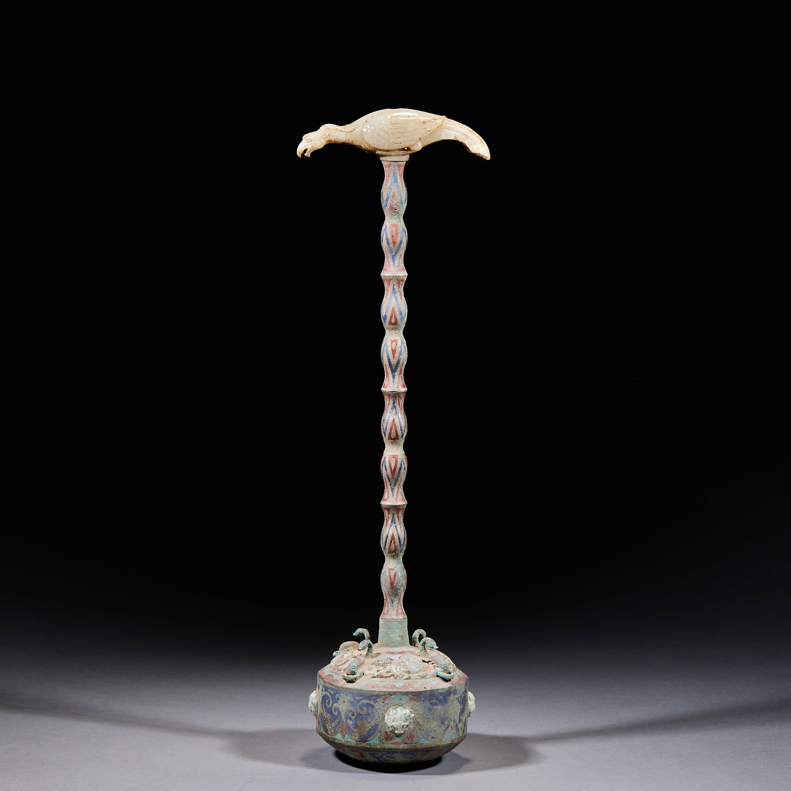 Han Dynasty Painted Bronze Lamp with Jade-Inlaid Phoenix Head (1 of 9)