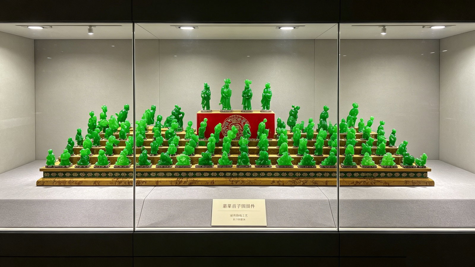 Complete Jadeite Set of Hundred Boys Motif with 108 Figures Total: Complete Set of Large Qing Imperial Emerald Ornaments of One Hundred Boys, base total length 108cm, overall height 35cm, the full set contains one hundred and eight carved emerald boy figures each int