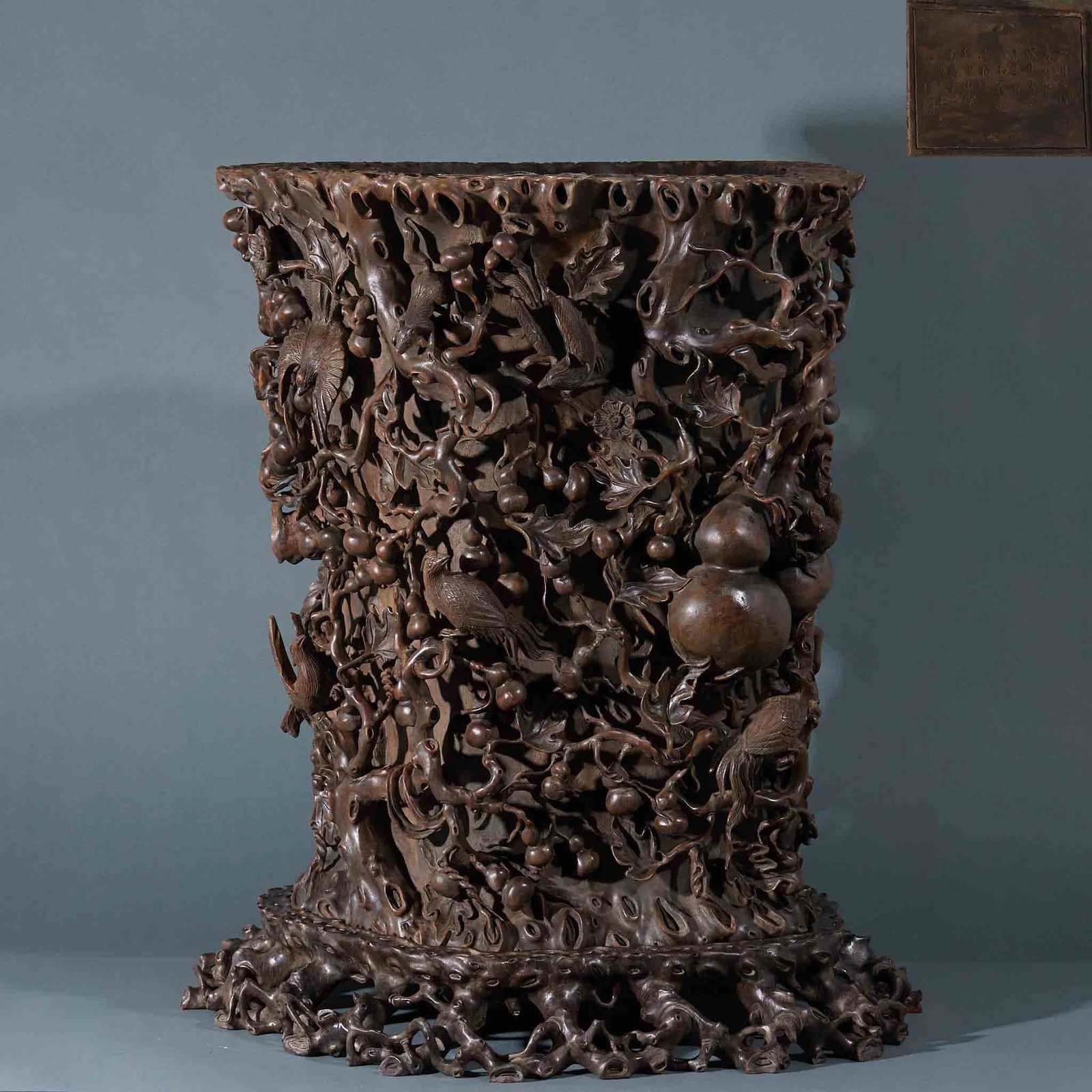 Agarwood Brush Pot with Exquisitely Carved Fortune-Longevity Flower-Bird Motifs: Large Hollow Agarwood Brush Pot Skillfully Carved with Fu, Lu, Flowers and Birds, height 63cm, length 56cm, width 55cm, hollowed integrally from a massive agarwood block, outer wall multi-layer openwo