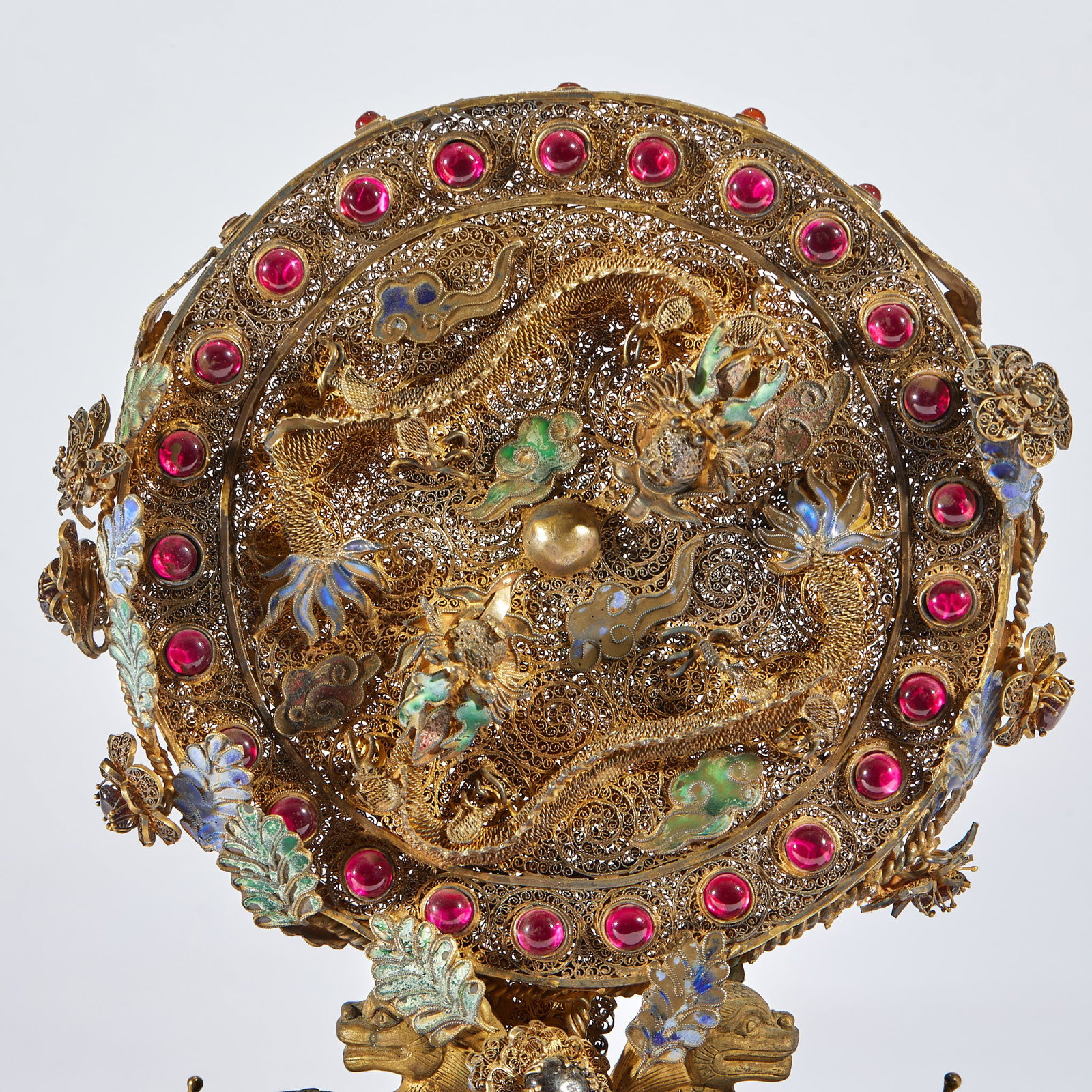 Gilt Pure Silver Double-Dragon Screen with Ruby Inlay - 2