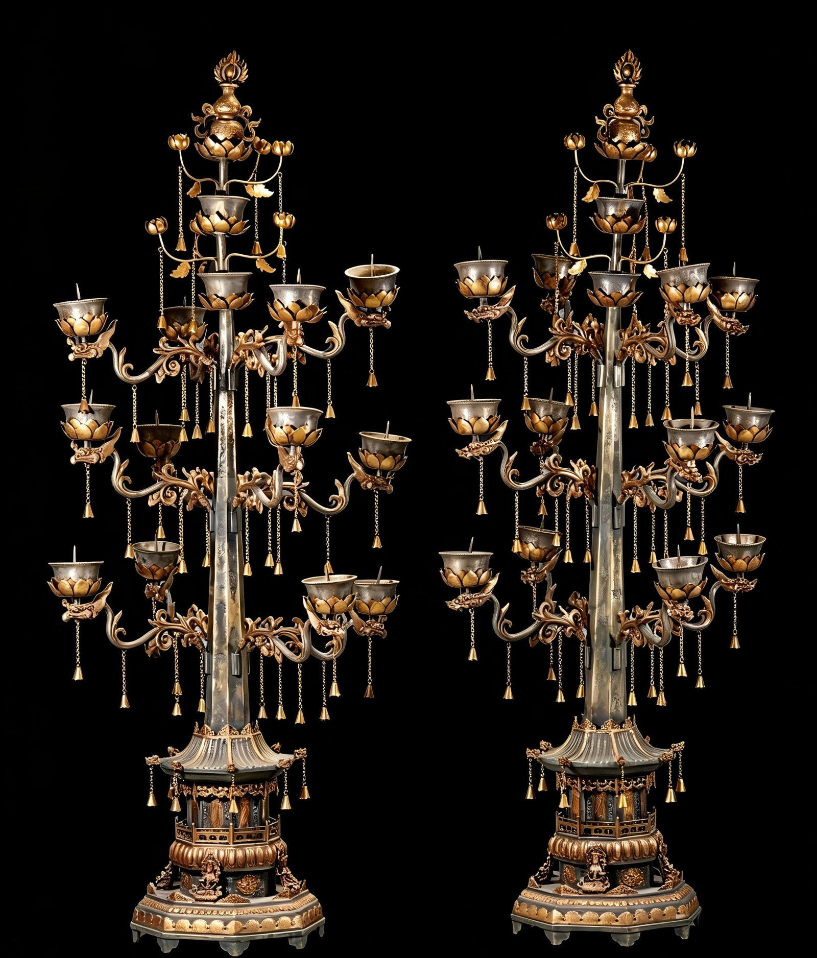 Pair of Qing Dynasty Gilt Bronze Floor Candlesticks with Nine-Layer Lotus Petal Finial: Pair of Qing Dynasty Gilt Bronze Floor Candlesticks with Nine-Layer Lotus Petal Treasure Top, crafted from fine gilt bronze, composed of treasure top, multi-layer lotus lamp holders, scrolling vine br