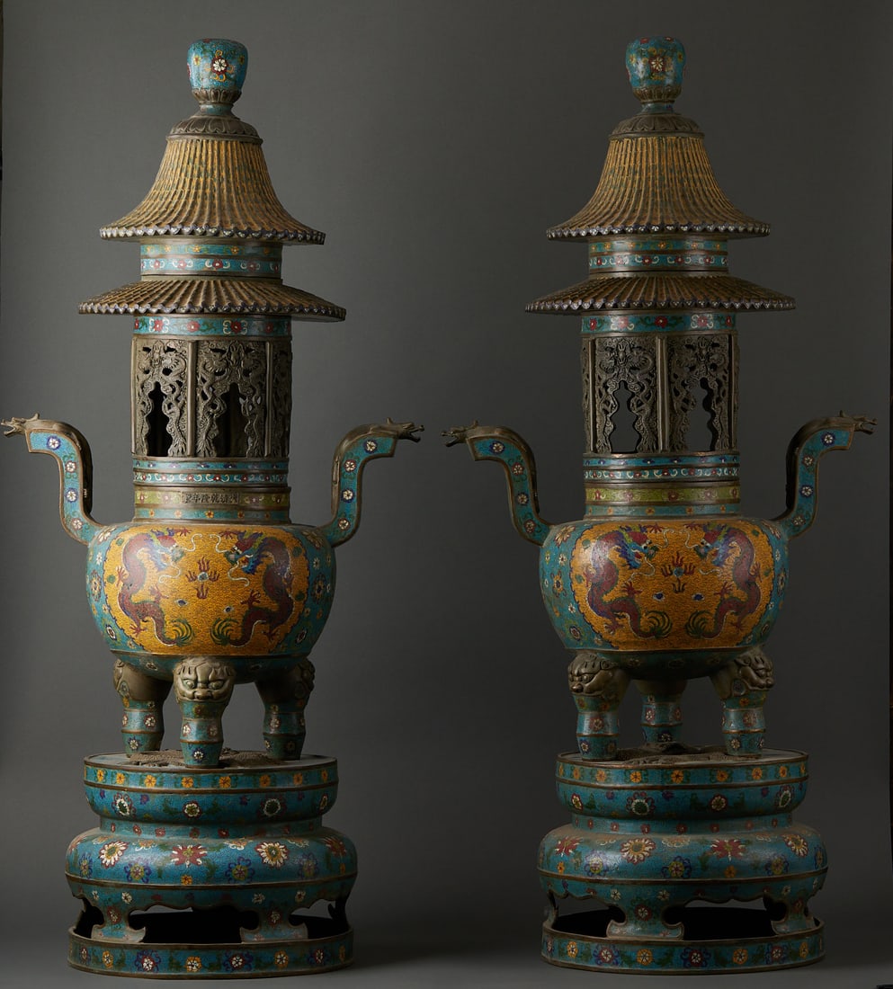 Qianlong Period Pair of Three-Legged Flaring-Ear Incense Burners with Openwork Double Dragon Playing: Pair of Qianlong Period Cloisonne Enamel Incense Burners with Openwork Double Dragons Playing with Pearl, Three Feet and Upright Flaring Ears, with fine bronze body fully applied with cloisonne enamel