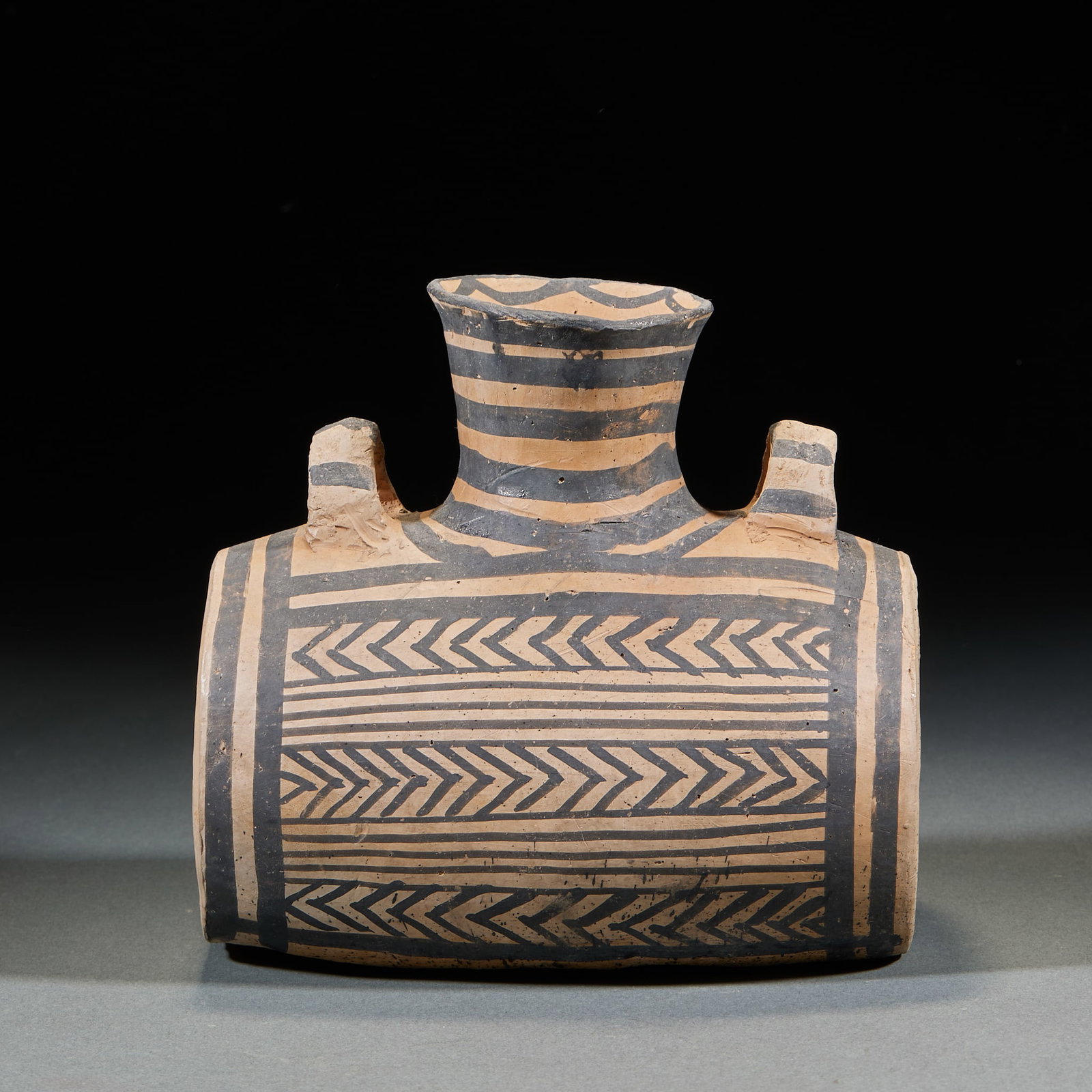 Majiayao Culture Cylindrical Double-Eared Painted Pottery Jar: Majiayao Culture Painted Pottery Jar with Handles, height 15cm, length 16cm, width 10cm