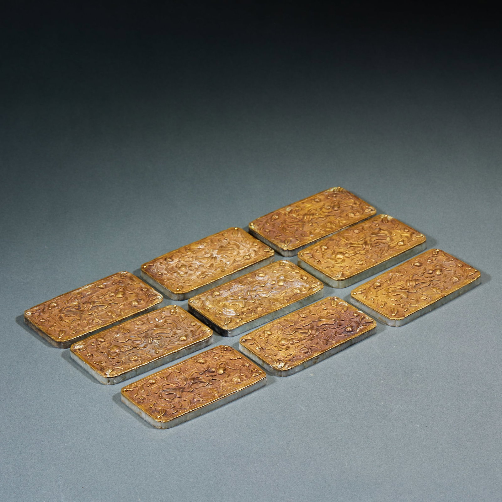 Hetian Jade Belt with Gilt Silver Inlaid Eight Treasures Pattern: Set of Hetian Jade Belt Plaques with Gilt Silver Eight Treasures Motifs, with Hetian green-white jade base, the surface inlaid with gilt silver plaques relief carved with Buddhist eight treasures patt