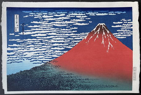 Katsushika Hokusai: Fine Wind, Clear Morning - Red Fuji. NR: Katsushika Hokusai - Fine Wind, Clear Morning - Red Fuji. Japanese woodblock print (reprint from newly carved blocks). The first edition of this design was published circa 1830. The current reprint ha