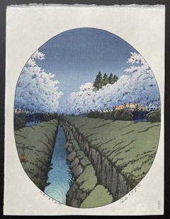 Kawase Hasui: Cherries at Night in Koganei. Woodblock Print NR: Kawase Hasui - Cherries at Night in Koganei. Japanese woodblock print. The first edition of this design was published in 1935. The current print was printed in the Reiwa period (2019 - present). Size