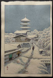 Ito Yuhan: Snow at Kyoto. Woodblock Print (Ukiyoe) NR: Ito Yuhan - Snow at Kyoto. Japanese woodblock print. The first edition of this design was published between 1930 and 1940. The current print is estimated to be from an edition somewhere between 1950 a