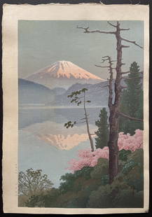 Ito Yuhan: Mount Fuji from Tagonoura Bay. Woodblock Print (Ukiyoe) NR: Ito Yuhan - Mount Fuji from Tagonoura Bay. Japanese woodblock print. The first edition of this design was published between 1930 and 1940. The current print was printed between 1950 and 1990. Size of