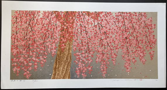 Hajime Namiki: Weeping Cherry 27. Woodblock Print (Ukiyoe) NR: Hajime Namiki - Weeping Cherry 27. Japanese woodblock print. First published in 2022. Size of the image (excluding margins) in inches 10.7 x 22.9 (27.2 x 58.2 cm.) The print is in good state, without