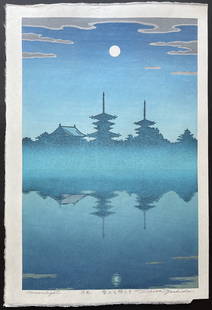 Tsukasa Yoshida: Moonlight. Woodblock Print (Ukiyoe) NR: Tsukasa Yoshida - Moonlight. Japanese woodblock print. First published in the Heisei period (1989 - 2019). Size of the image (excluding margins) in inches 9.6 x 14.6 (24.3 x 37.0 cm.) The print is in