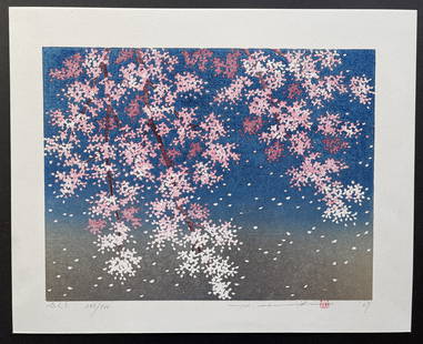 Hajime Namiki: Sakura. Woodblock Print (Ukiyoe) NR: Hajime Namiki - Sakura. Japanese woodblock print. First published in 2007. Size of the image (excluding margins) in inches 11.8 x 9.1 (30.0 x 23.0 cm.) The print is in good state, without flaws. Hajim