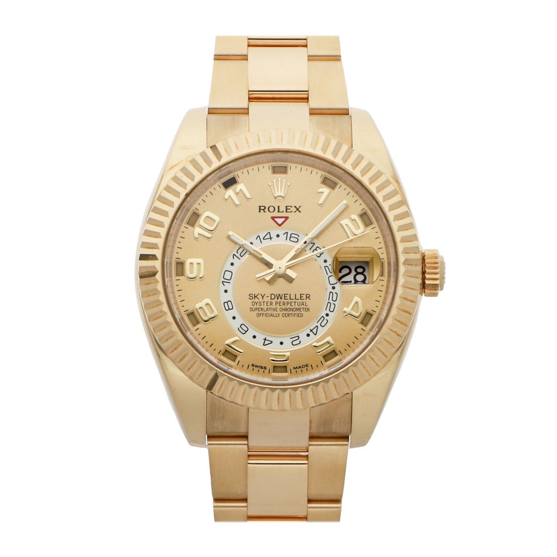 Rolex Sky-Dweller Auto 42mm Yellow Gold Men's Oyster Bracelet Watch: Condition:Pre-ownedBrand:RolexMPN:326938Movement:AutomaticCase Size:42mmHour Markers:ArabicWatch Shape:RoundCaseback:SolidFeatures:Date, GMT/World TimeGender:MenBand Material:Yellow goldBand Color:Yel