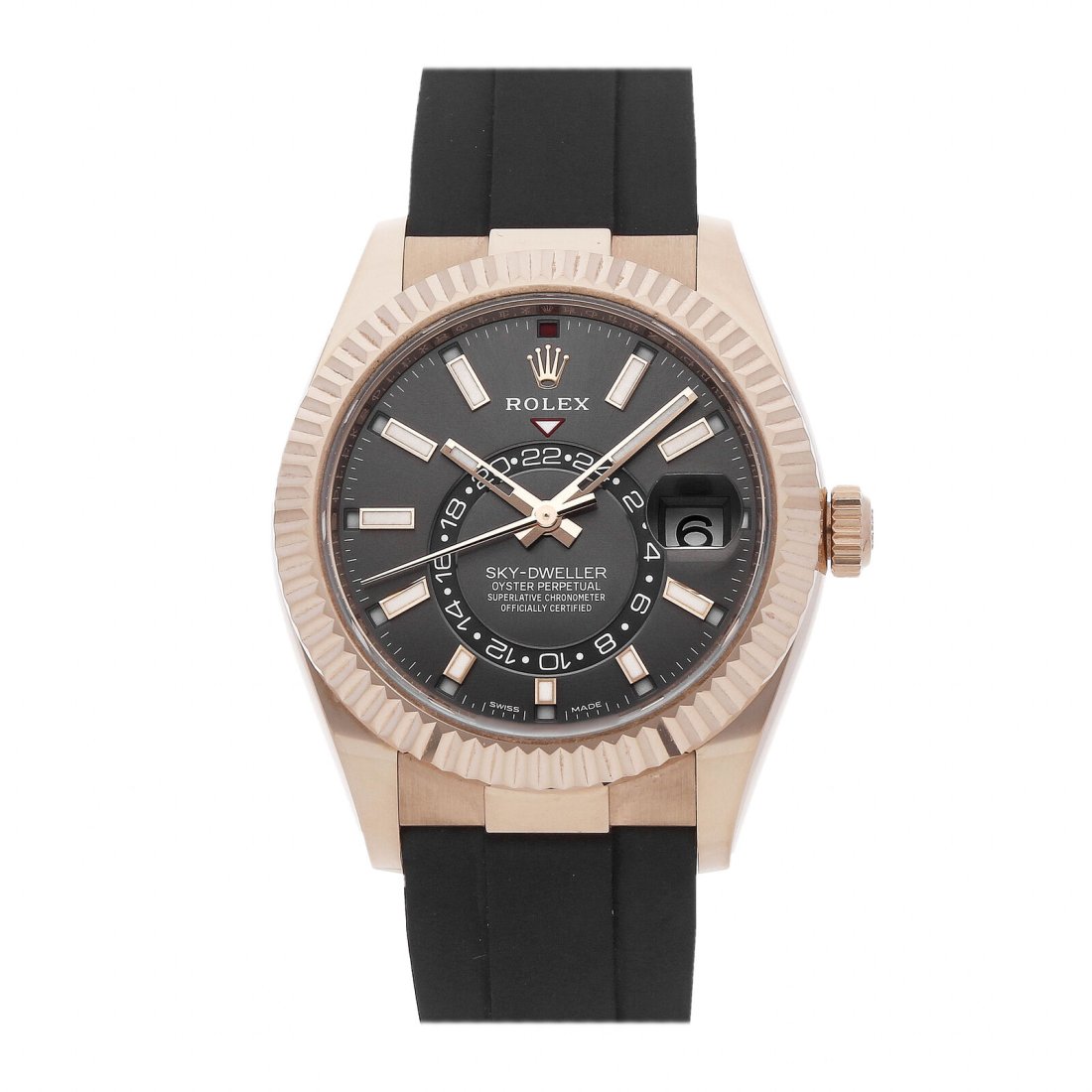 Rolex Sky-Dweller Auto 42mm Everose Gold Mens Oysterflex Bracelet Watch 326235: Condition:Pre-ownedBrand:RolexMovement:AutomaticCase Size:42mmHour Markers:IndexWatch Shape:RoundCaseback:SolidFeatures:Annual Calendar, GMT/World TimeGender:MenBand Material:RubberBand Color:BlackBuc
