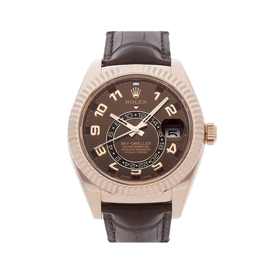 Rolex Oyster Perpetual Sky-Dweller Auto Everose Gold Mens Strap Watch 326135: Condition:Pre-ownedBrand:RolexMovement:AutomaticCase Size:42mmHour Markers:Arabic numeralsWatch Shape:RoundCaseback:SolidFeatures:Date, GMT/World TimeGender:MenBand Material:AlligatorBand Color:BrownB