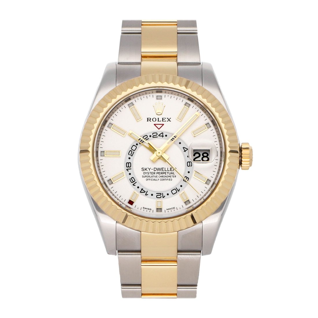 Rolex Sky-Dweller Steel Gold Automatic 42mm Mens Oyster Bracelet Watch 326933: Condition:Pre-ownedBrand:RolexMovement:Mechanical(Automatic)Case Size:42mmHour Markers:IndexWatch Shape:RoundCaseback:SolidFeatures:Annual Calendar, GMT/World TimeGender:MenBand Material:Stainless Ste
