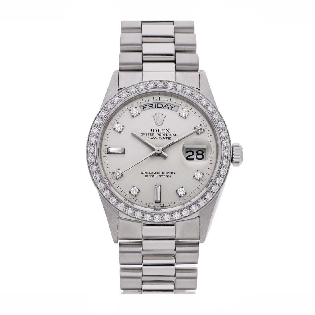 Rolex Day-Date Automatic Platinum Diamonds Mens President Bracelet Watch 18046: Condition:Pre-ownedBrand:RolexMovement:AutomaticCase Size:36mmHour Markers:Diamond, IndexWatch Shape:RoundCaseback:SolidFeatures:Date, DayGender:MenBand Material:PlatinumBand Color:SilverBuckle Type:F